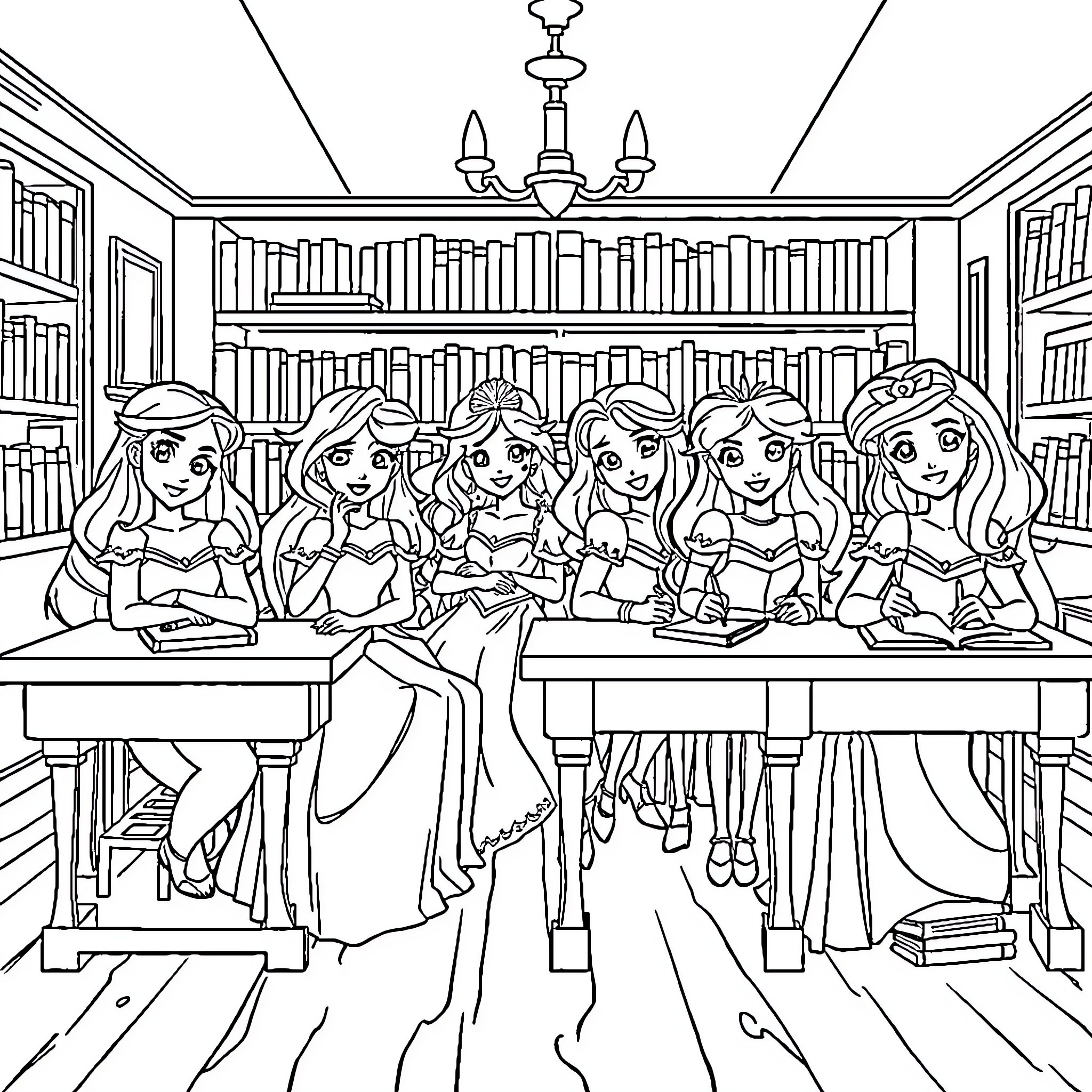 Princess Friends Study Together in Library Coloring Page (free black-and-white line drawing printable PDF for all, from beginners to advanced learners, including children, teens, adults, and seniors)
