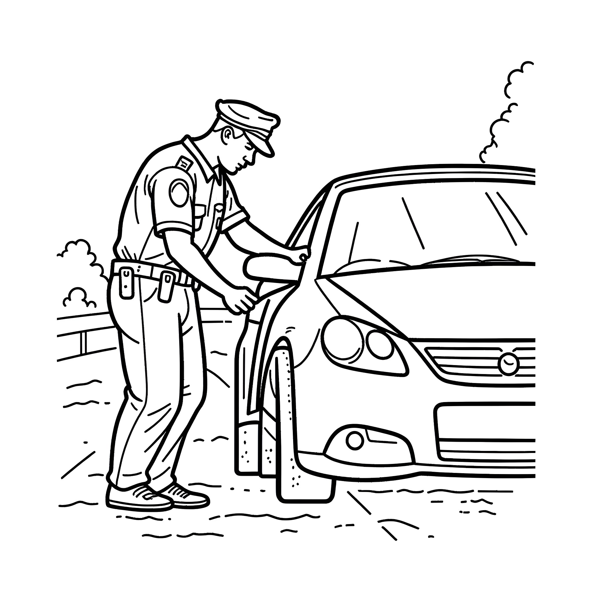 Police Officer inspecting a vehicle on the road Coloring Page (free black-and-white line drawing printable PDF for all, from beginners to advanced learners, including children, teens, adults, and seniors)