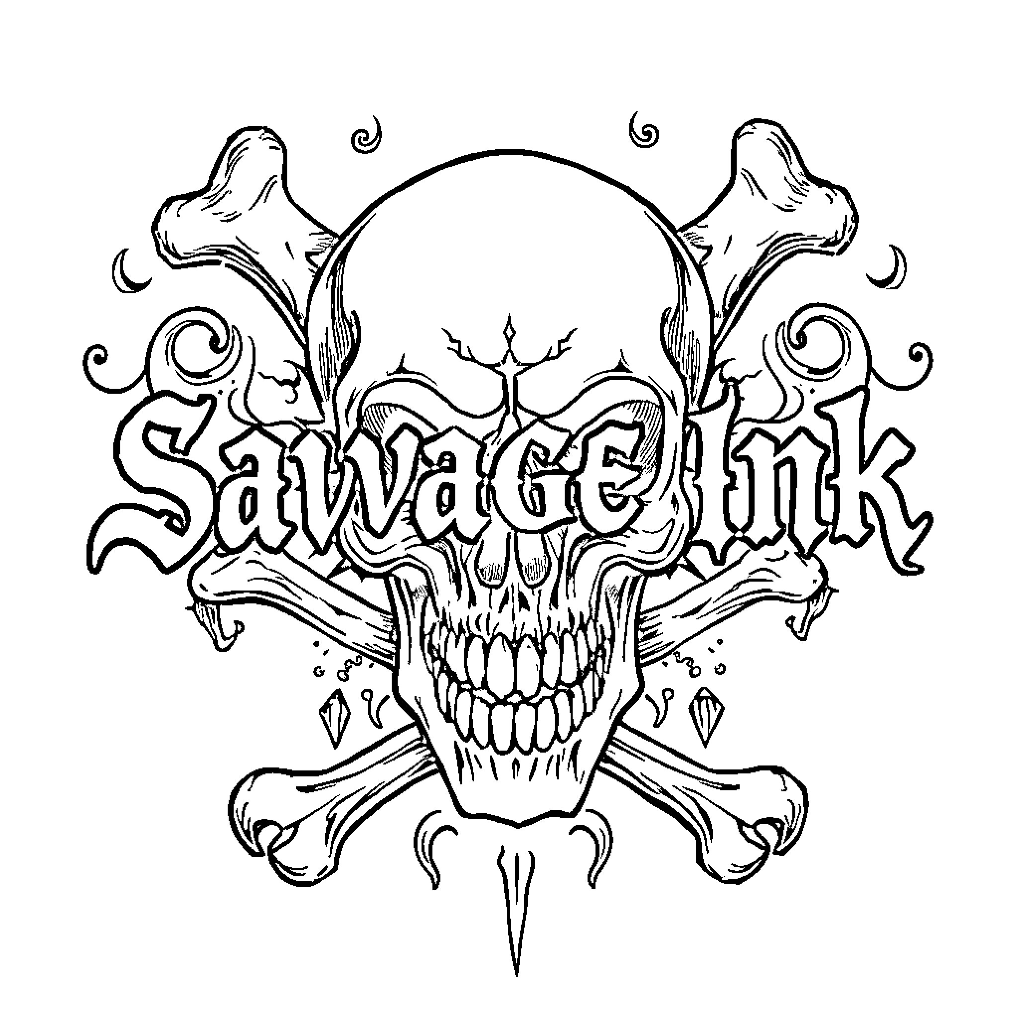 Skull with Savage ink lettering Coloring Page (free black-and-white line drawing printable PDF for all, from beginners to advanced learners, including children, teens, adults, and seniors)