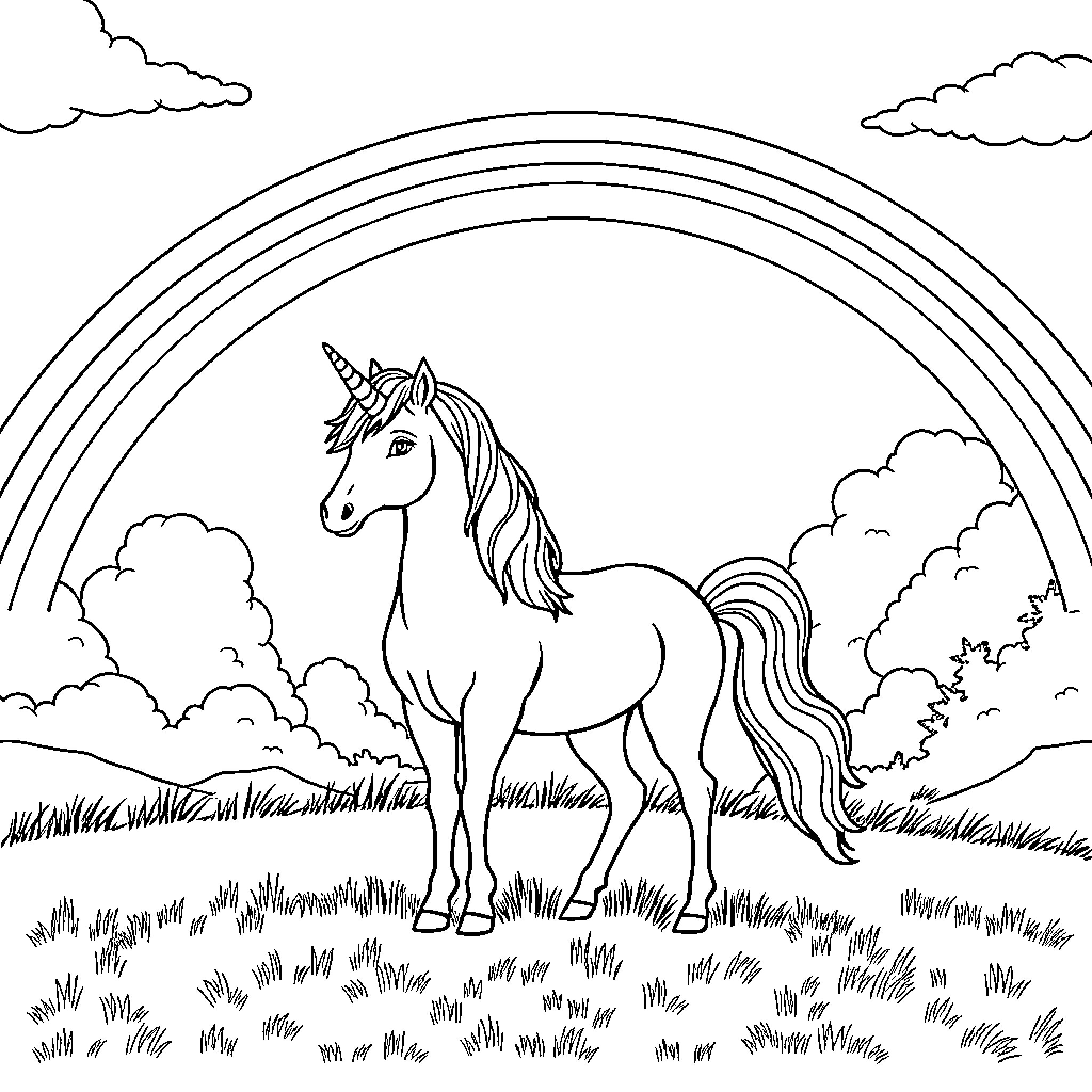 Unicorn standing majestically under the rainbow Coloring Page (free black-and-white line drawing printable PDF for all, from beginners to advanced learners, including children, teens, adults, and seniors)