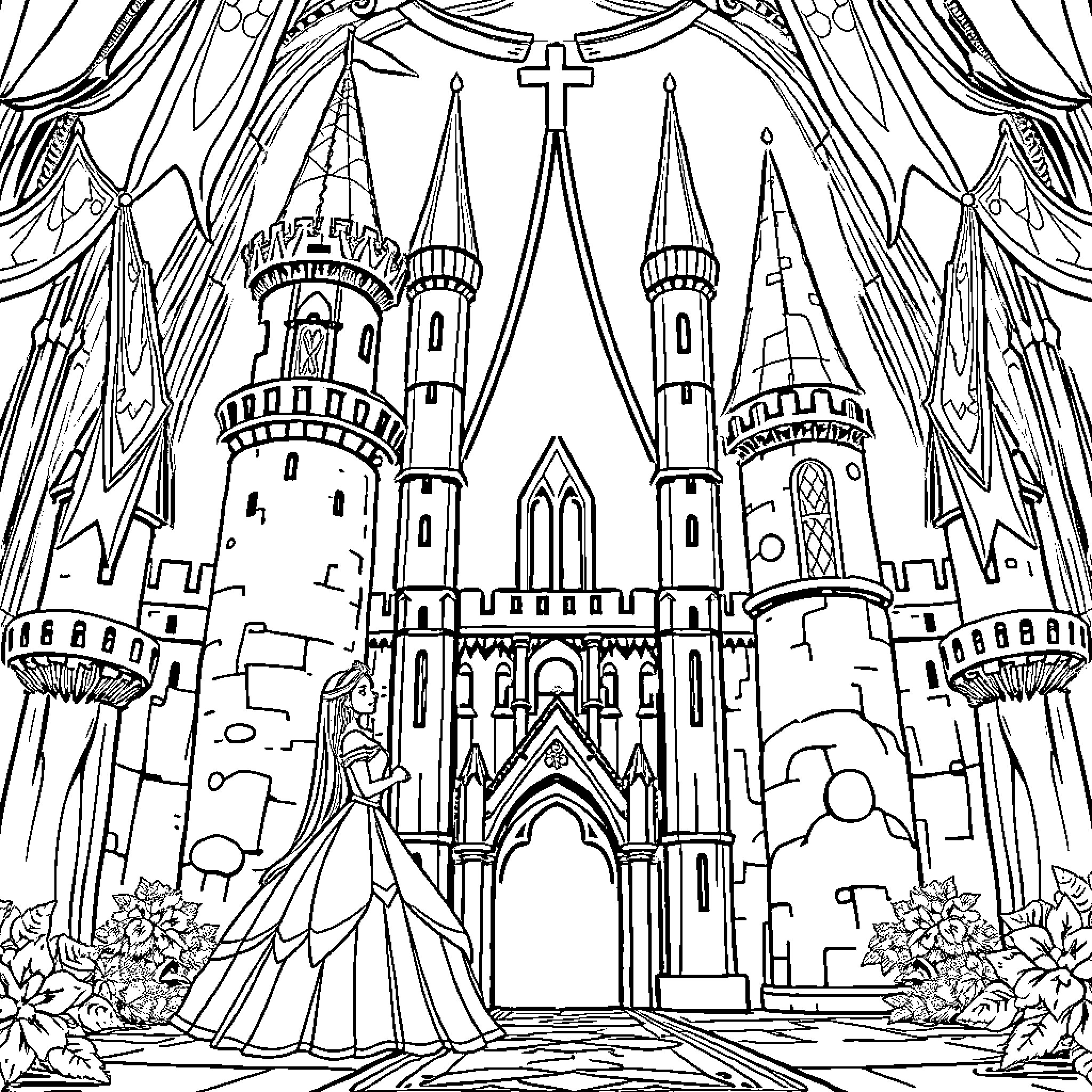 Princess in Majestic Castle with Spires and Arches Coloring Page (free black-and-white line drawing printable PDF for all, from beginners to advanced learners, including children, teens, adults, and seniors)