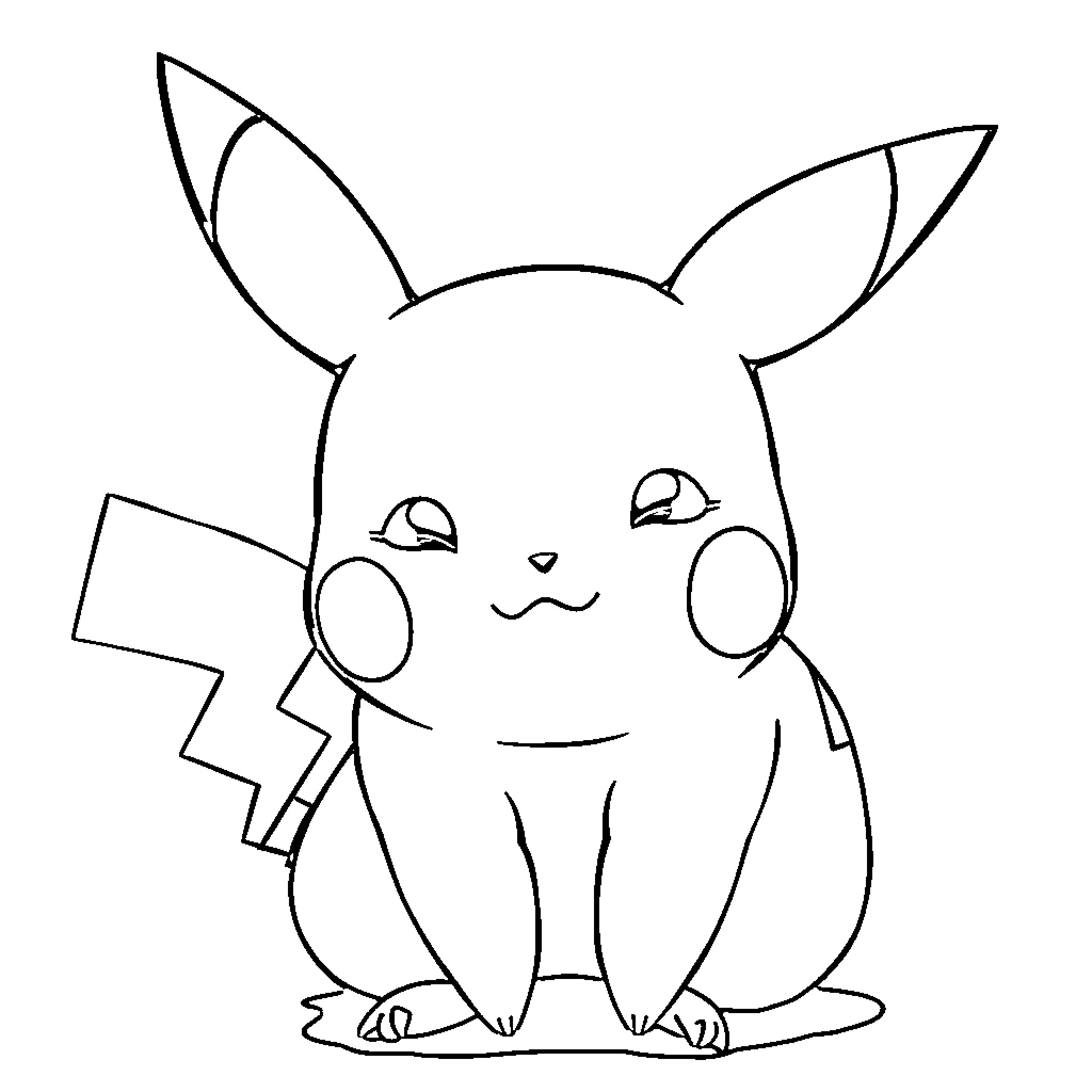 Pikachu smiling and sitting in simple illustration Coloring Page (free black-and-white line drawing printable PDF for all, from beginners to advanced learners, including children, teens, adults, and seniors)