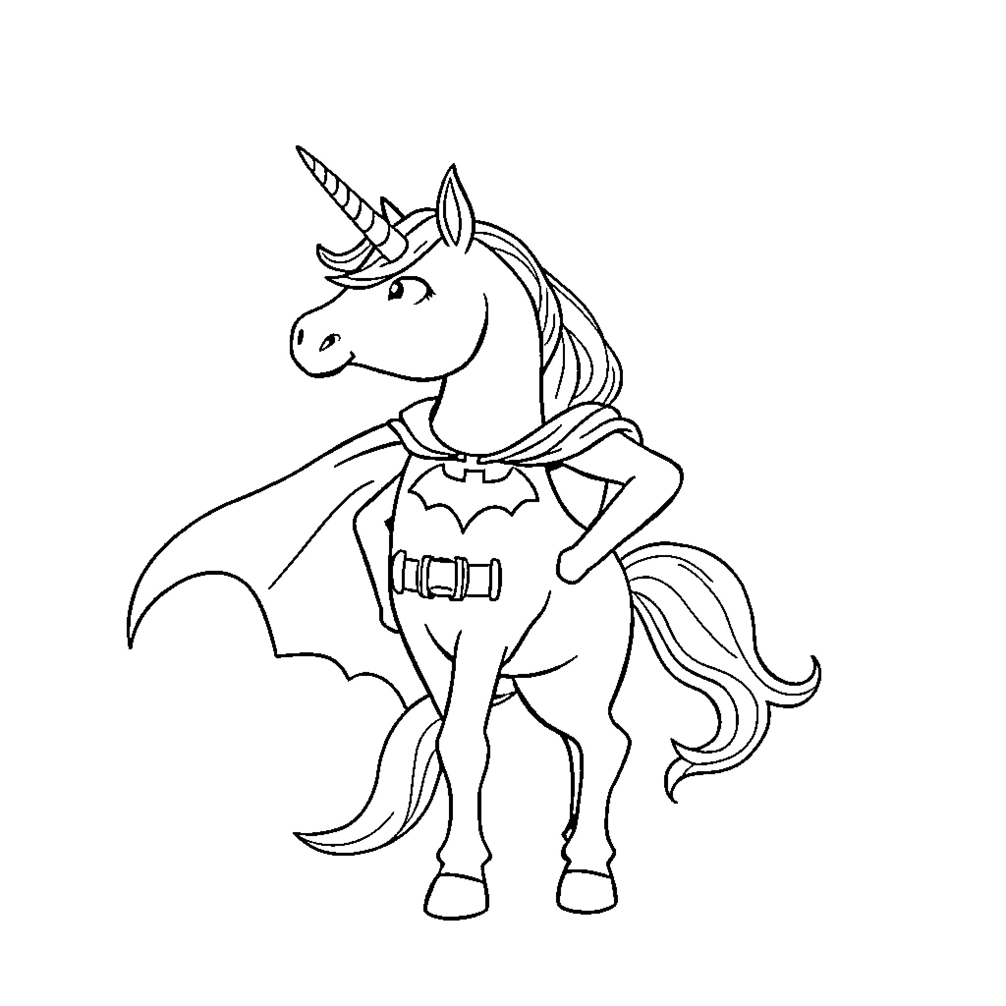 Unicorn superhero in action pose Coloring Page (free black-and-white line drawing printable PDF for all, from beginners to advanced learners, including children, teens, adults, and seniors)