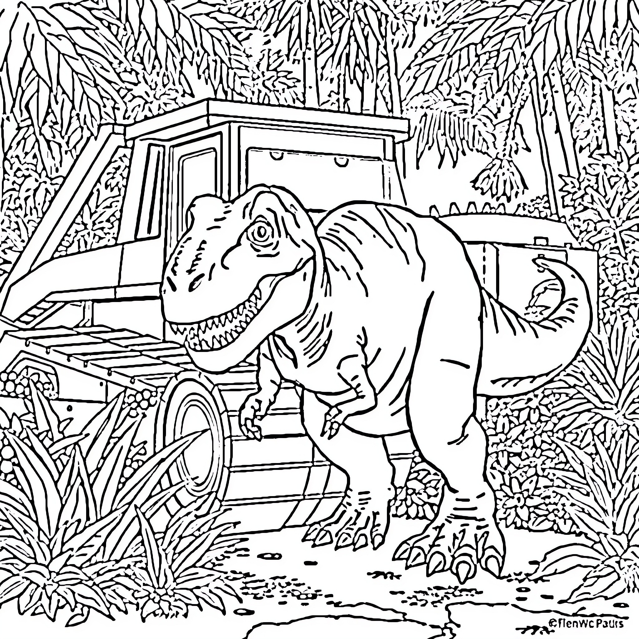 Indominus Rex rampaging through the jungle Coloring Page (free black-and-white line drawing printable PDF for all, from beginners to advanced learners, including children, teens, adults, and seniors)