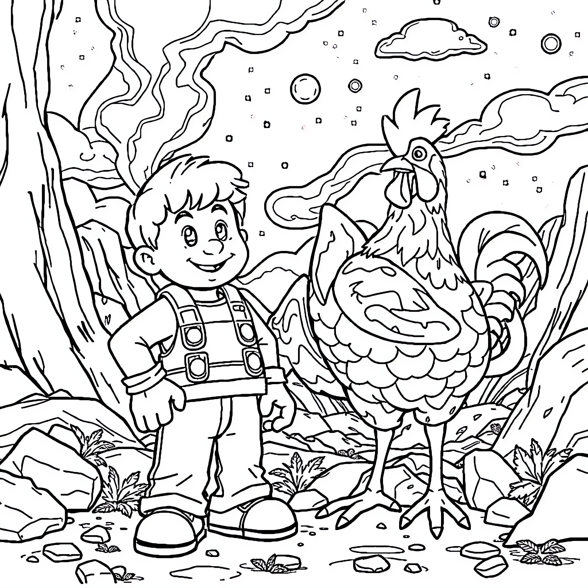 Steve's Playful Adventure with Rooster in Nature Coloring Page (free black-and-white line drawing printable PDF for all, from beginners to advanced learners, including children, teens, adults, and seniors)