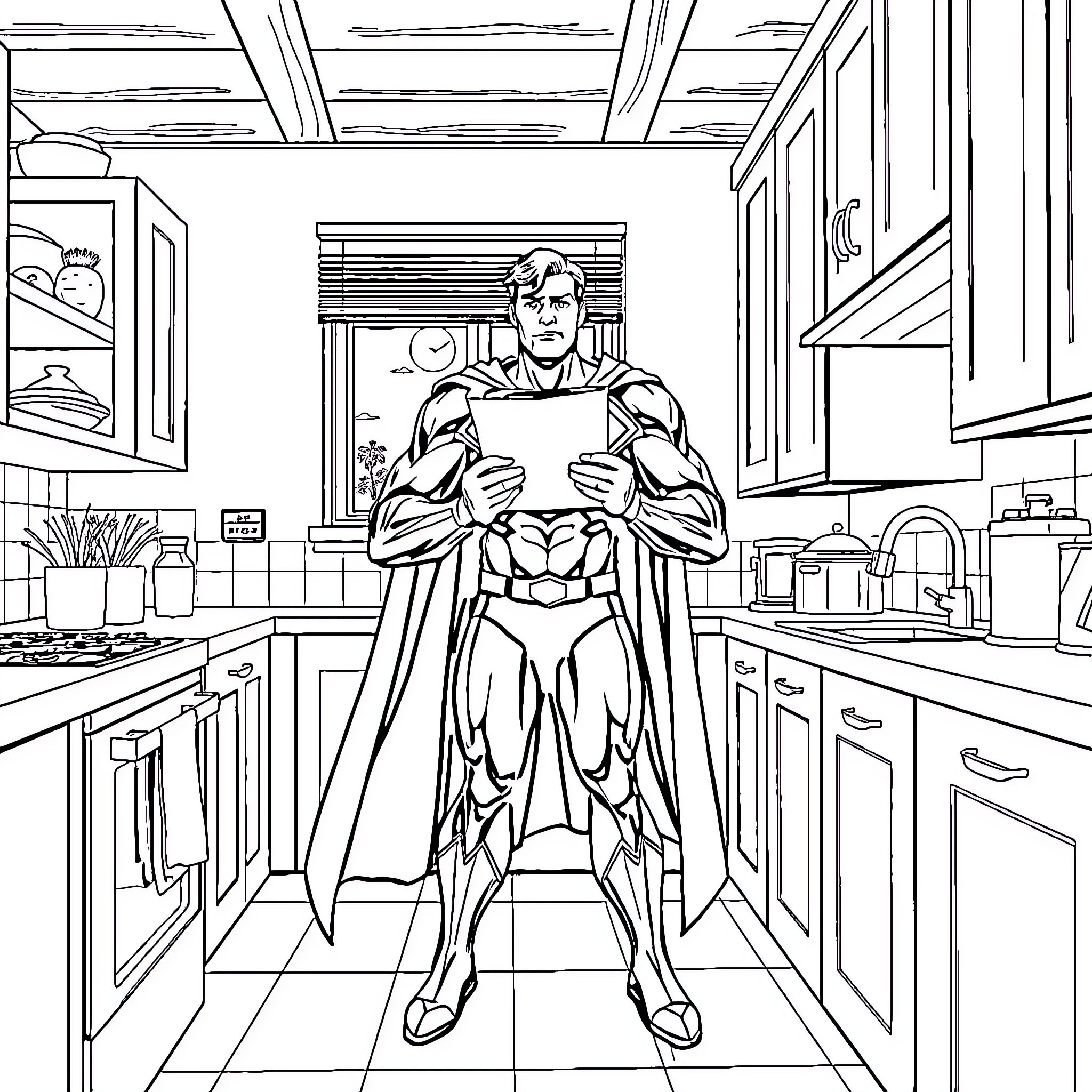 Superman preparing for a heroic task in the kitchen Coloring Page (free black-and-white line drawing printable PDF for all, from beginners to advanced learners, including children, teens, adults, and seniors)
