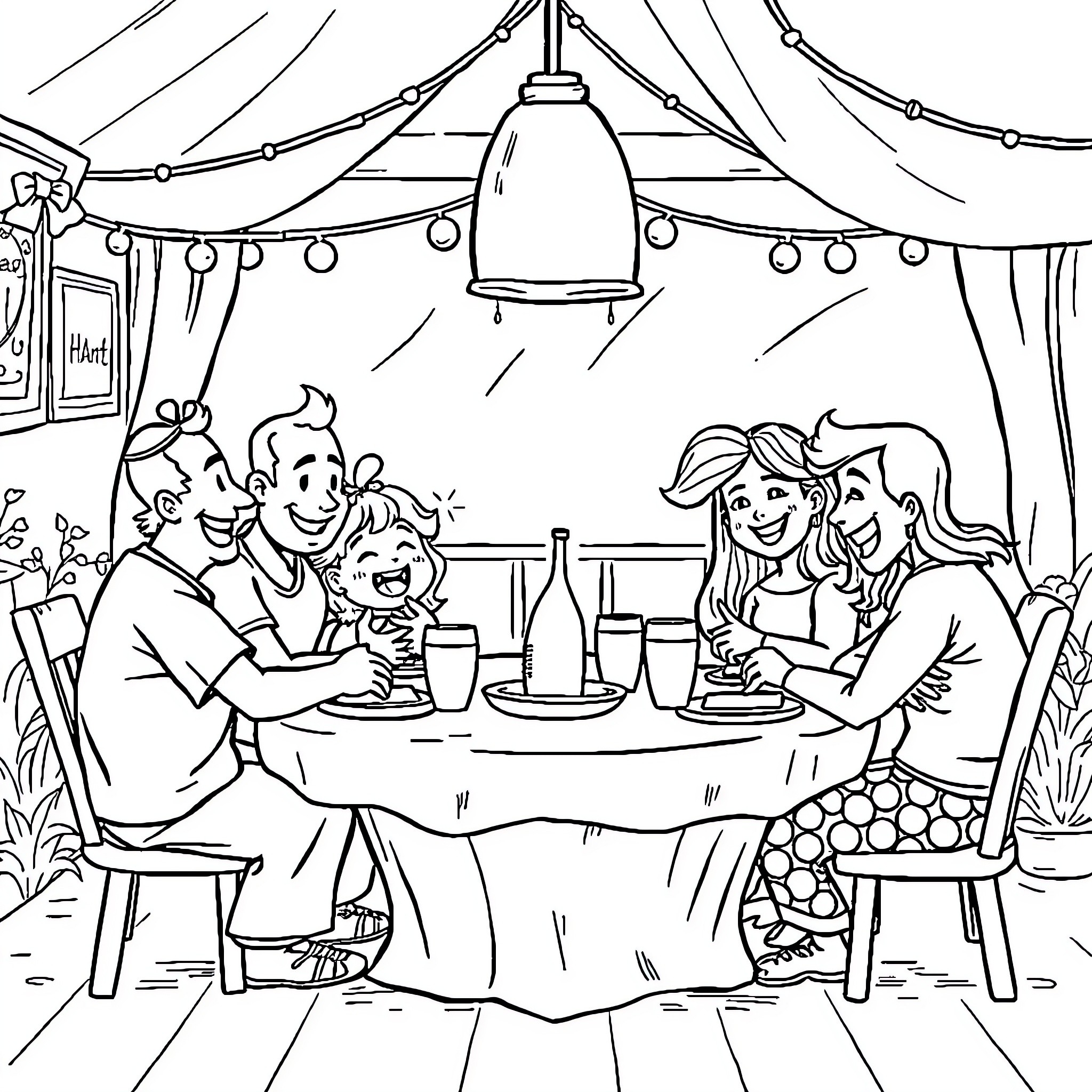 Stiche of a Family Dining Together in a Cozy Tent Coloring Page (free black-and-white line drawing printable PDF for all, from beginners to advanced learners, including children, teens, adults, and seniors)