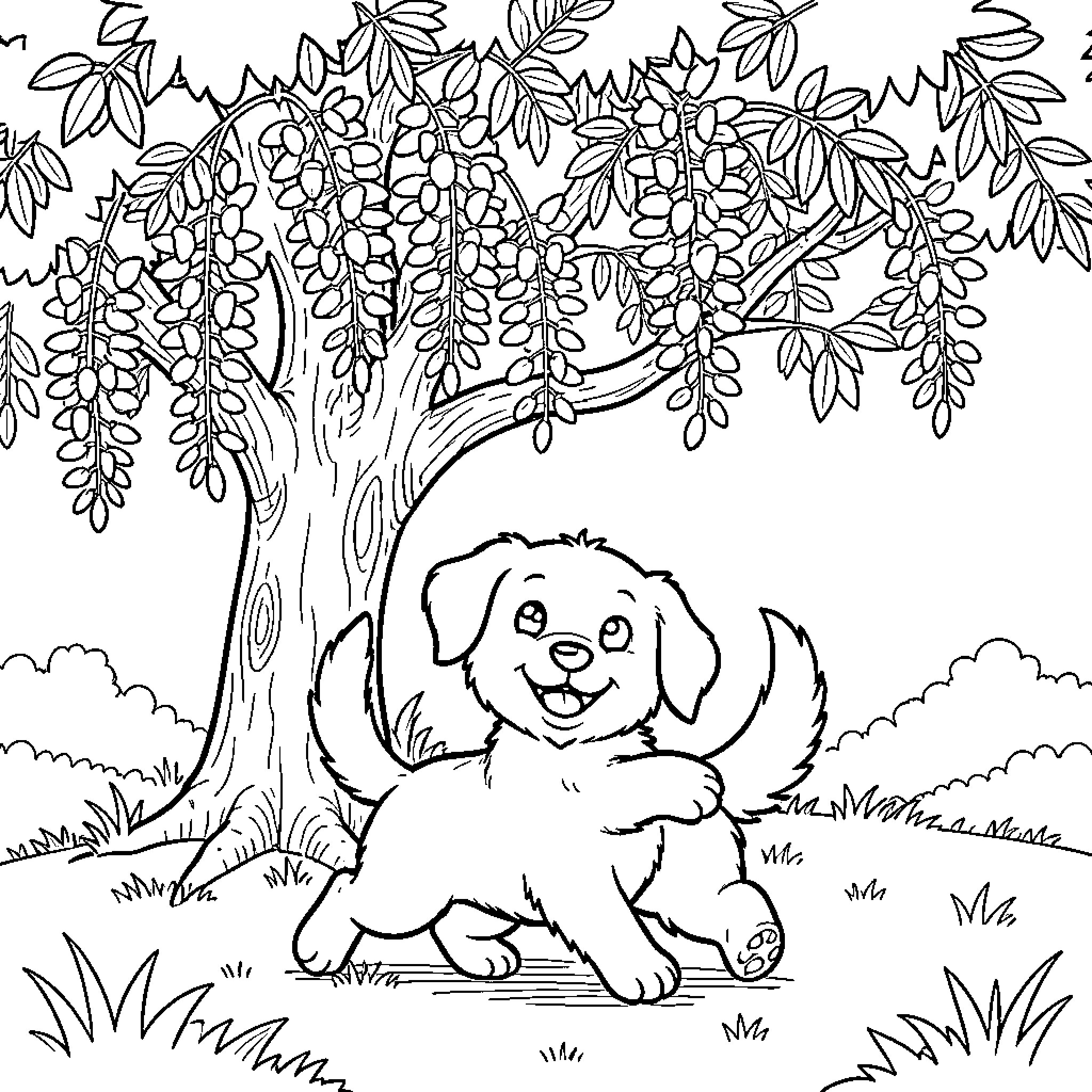 Dog playing happily under a large leafy tree Coloring Page (free black-and-white line drawing printable PDF for all, from beginners to advanced learners, including children, teens, adults, and seniors)