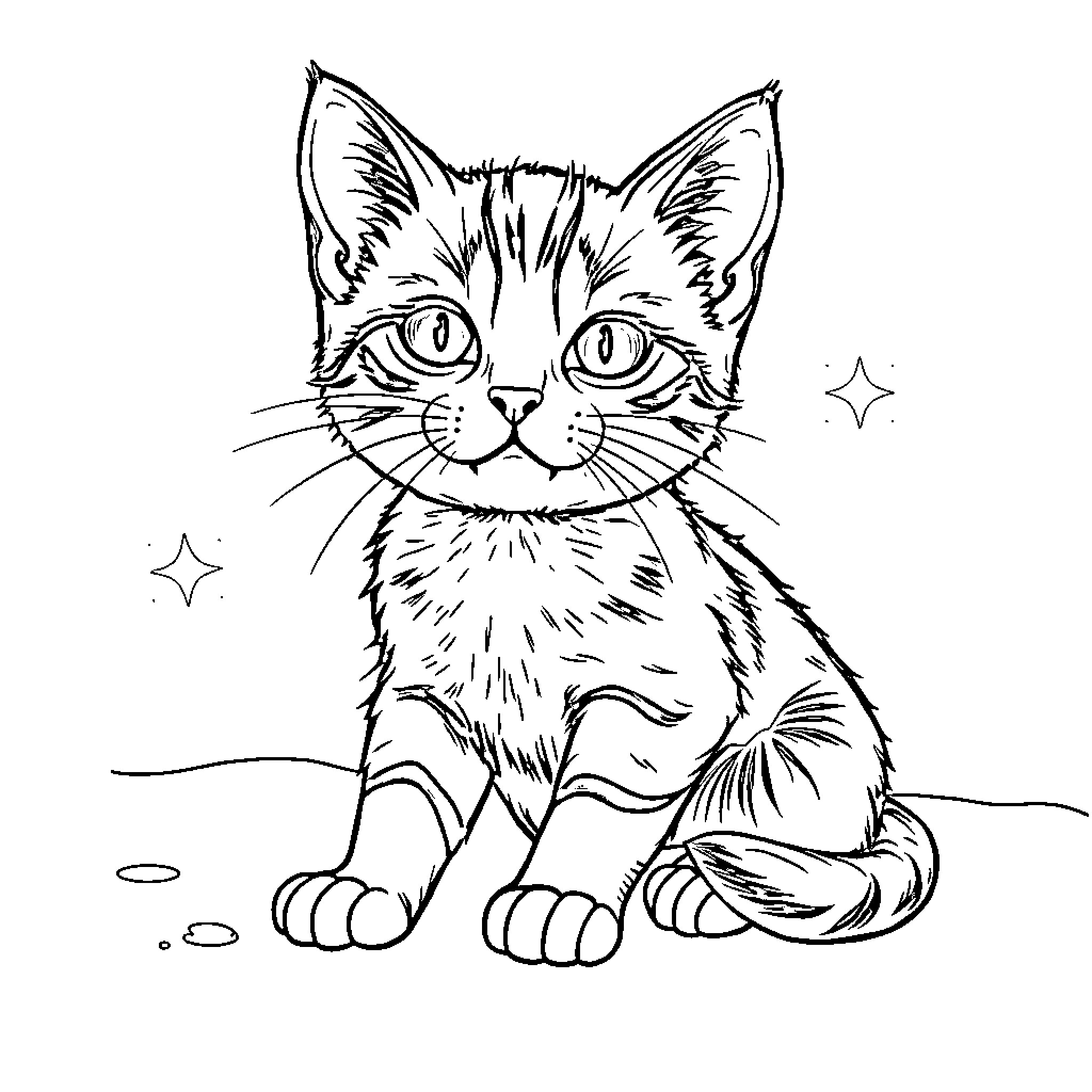 Gatito Surrounded by Twinkling Stars Coloring Page (free black-and-white line drawing printable PDF for all, from beginners to advanced learners, including children, teens, adults, and seniors)