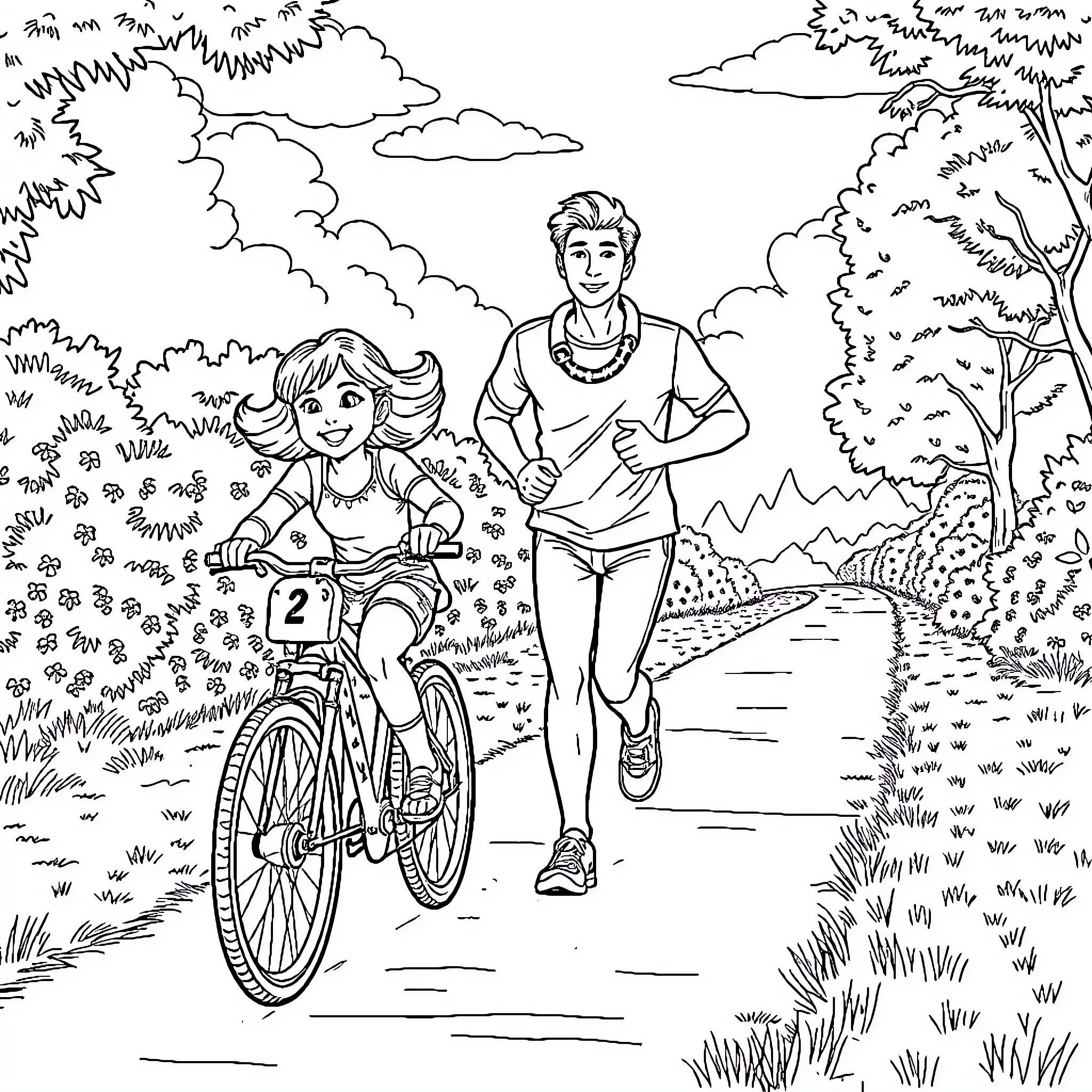 Girl Riding Bicycle with Mother Jogging on Path Coloring Page (free black-and-white line drawing printable PDF for all, from beginners to advanced learners, including children, teens, adults, and seniors)
