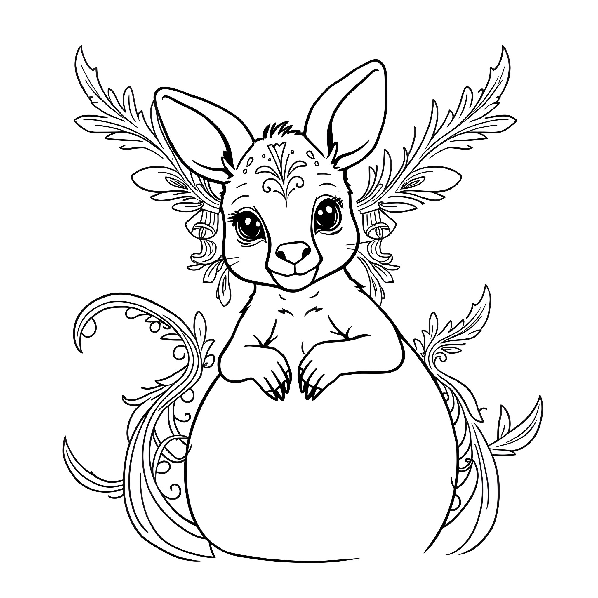 Kangaroo in Floral Embrace Coloring Page (free black-and-white line drawing printable PDF for all, from beginners to advanced learners, including children, teens, adults, and seniors)