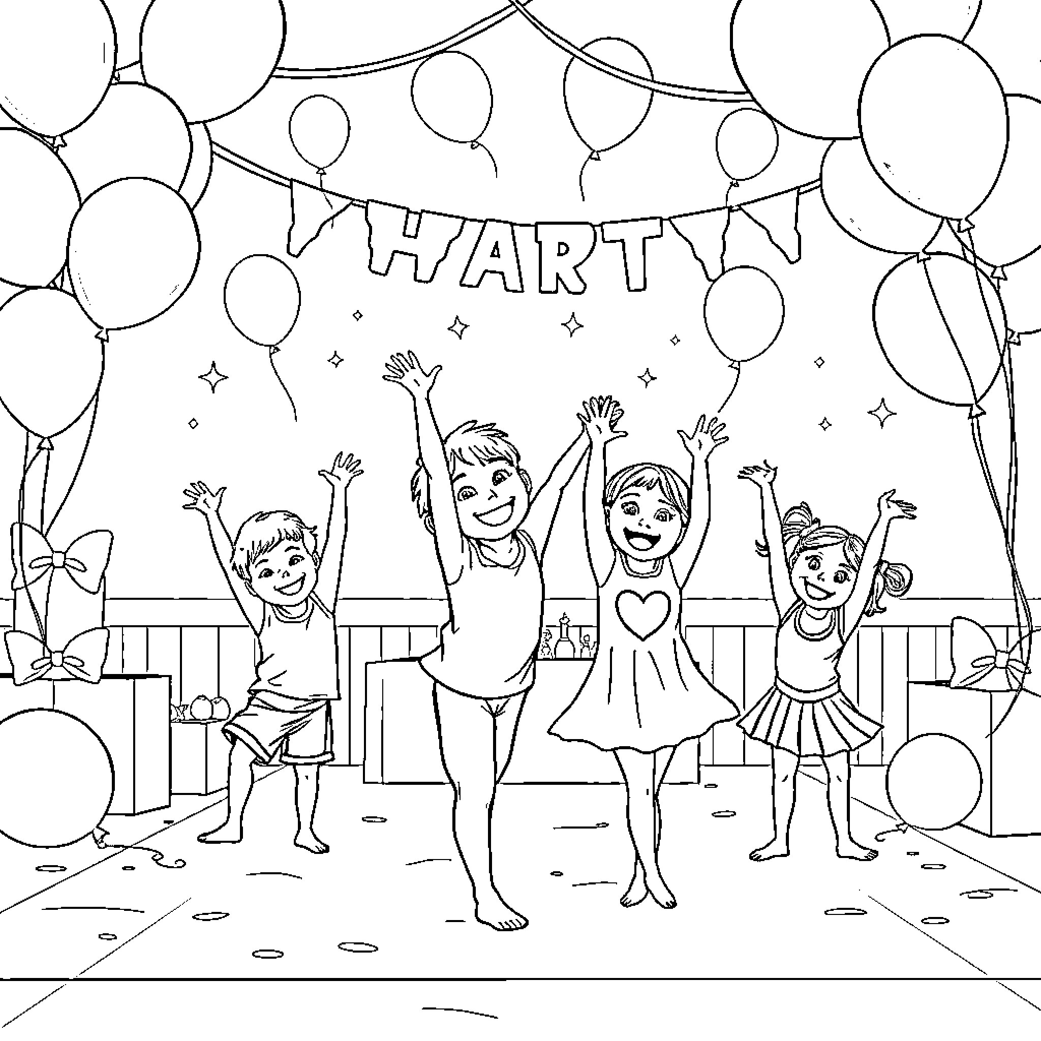 Kids joyfully celebrating with balloons and party decor Coloring Page (free black-and-white line drawing printable PDF for all, from beginners to advanced learners, including children, teens, adults, and seniors)