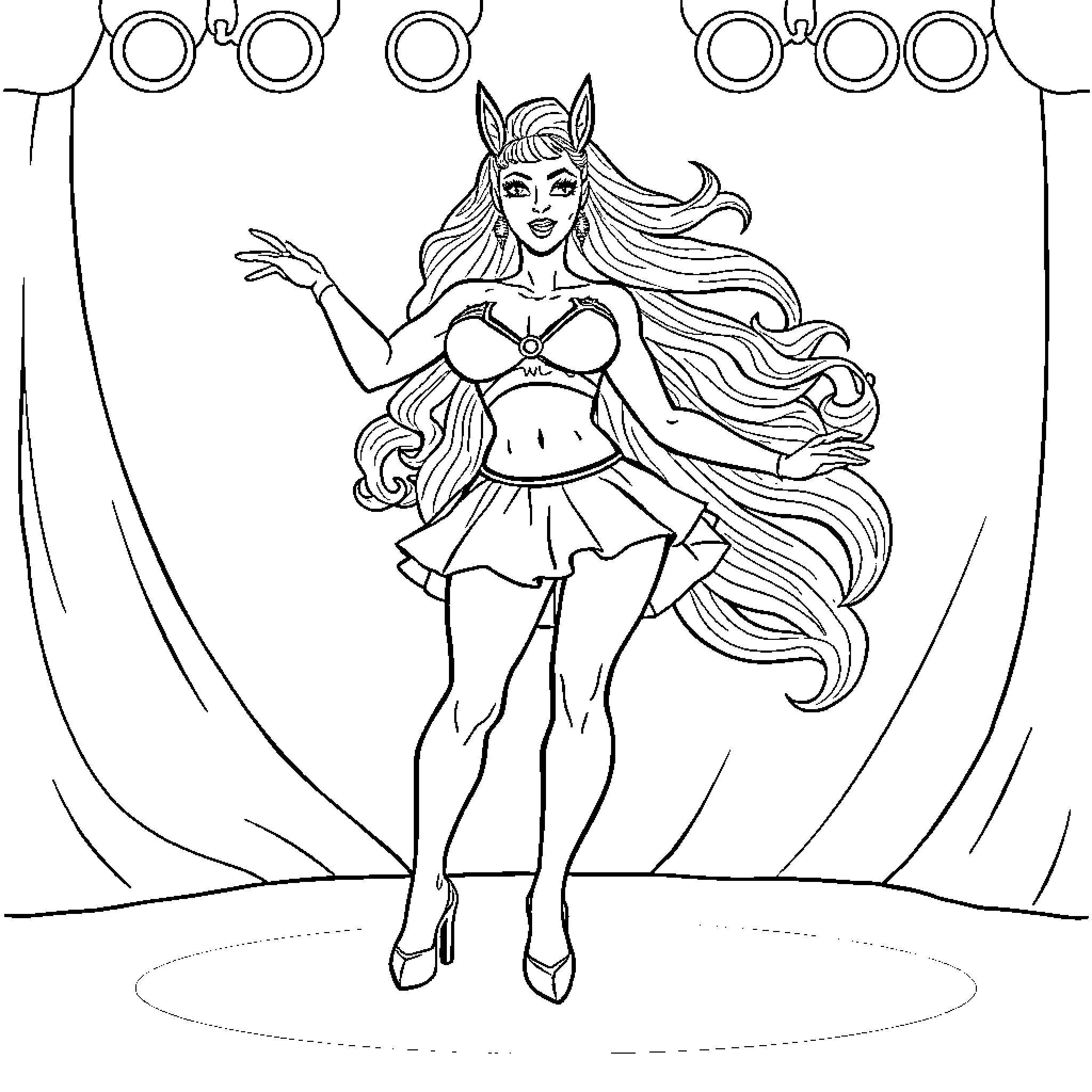 Megan Thee Stallion in Glamorous Superhero Outfit Coloring Page (free black-and-white line drawing printable PDF for all, from beginners to advanced learners, including children, teens, adults, and seniors)