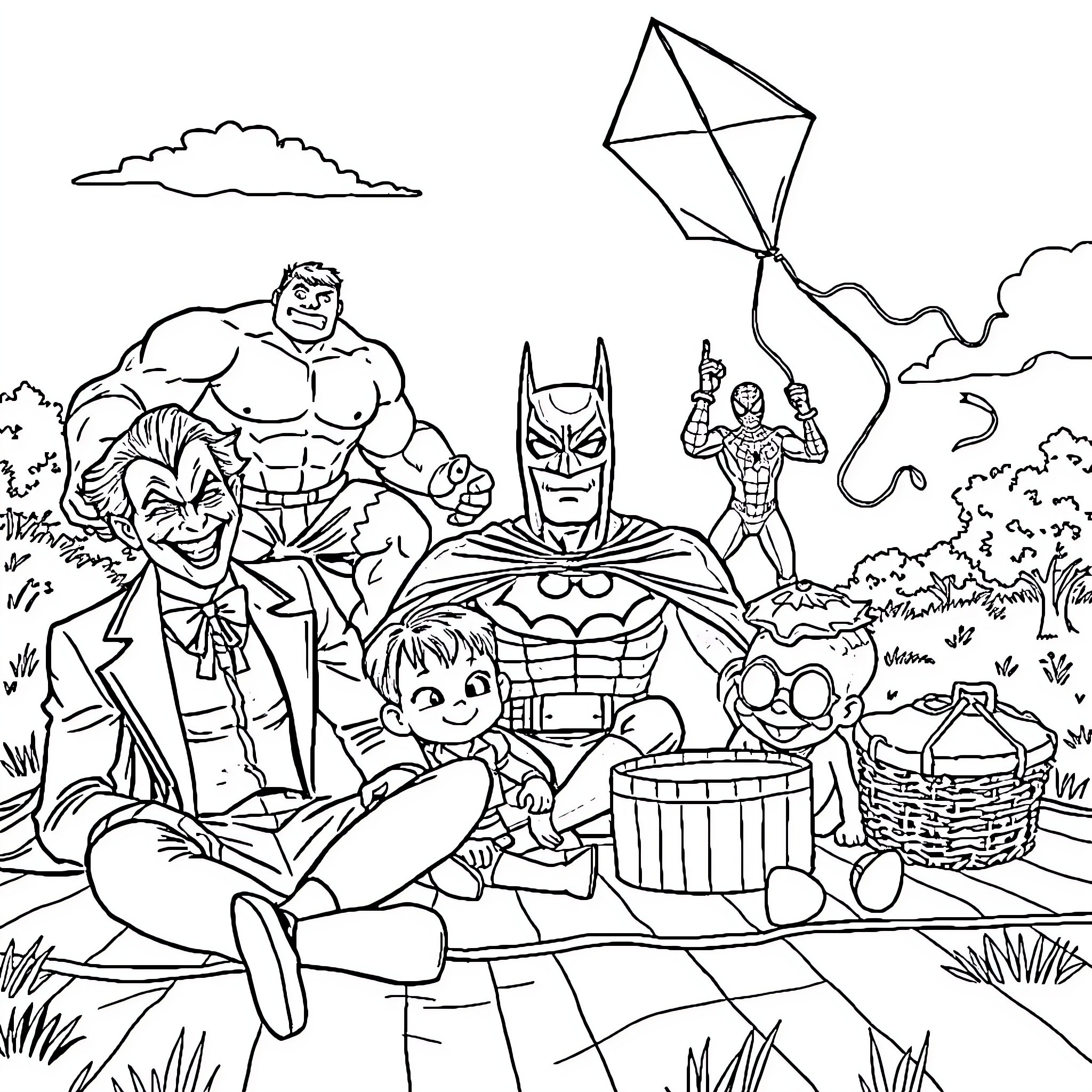 Joker and the Superhero Squad in the Outdoor Adventure Coloring Page (free black-and-white line drawing printable PDF for all, from beginners to advanced learners, including children, teens, adults, and seniors)