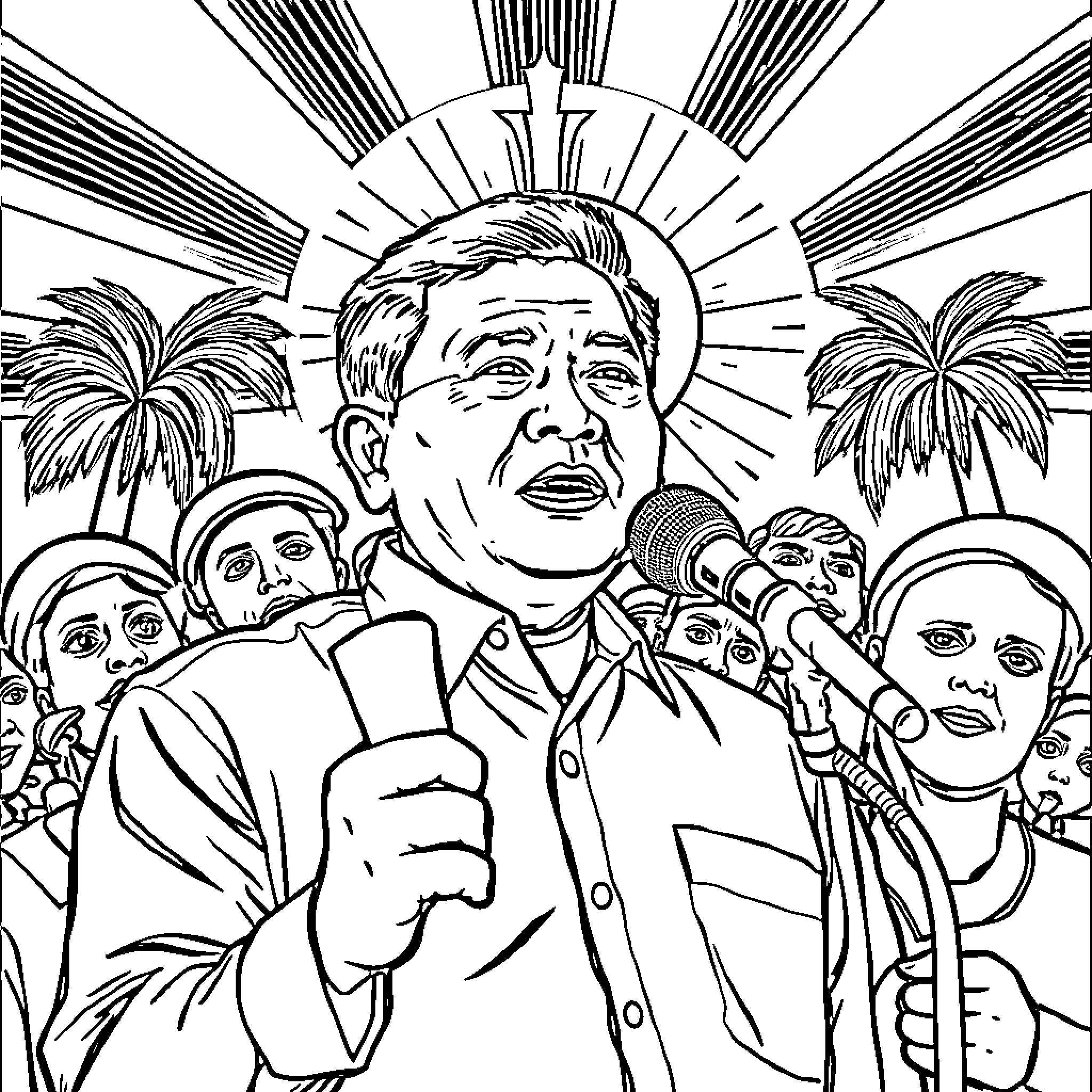 Governor Delivering Rousing Speech to Supporters Coloring Page (free black-and-white line drawing printable PDF for all, from beginners to advanced learners, including children, teens, adults, and seniors)