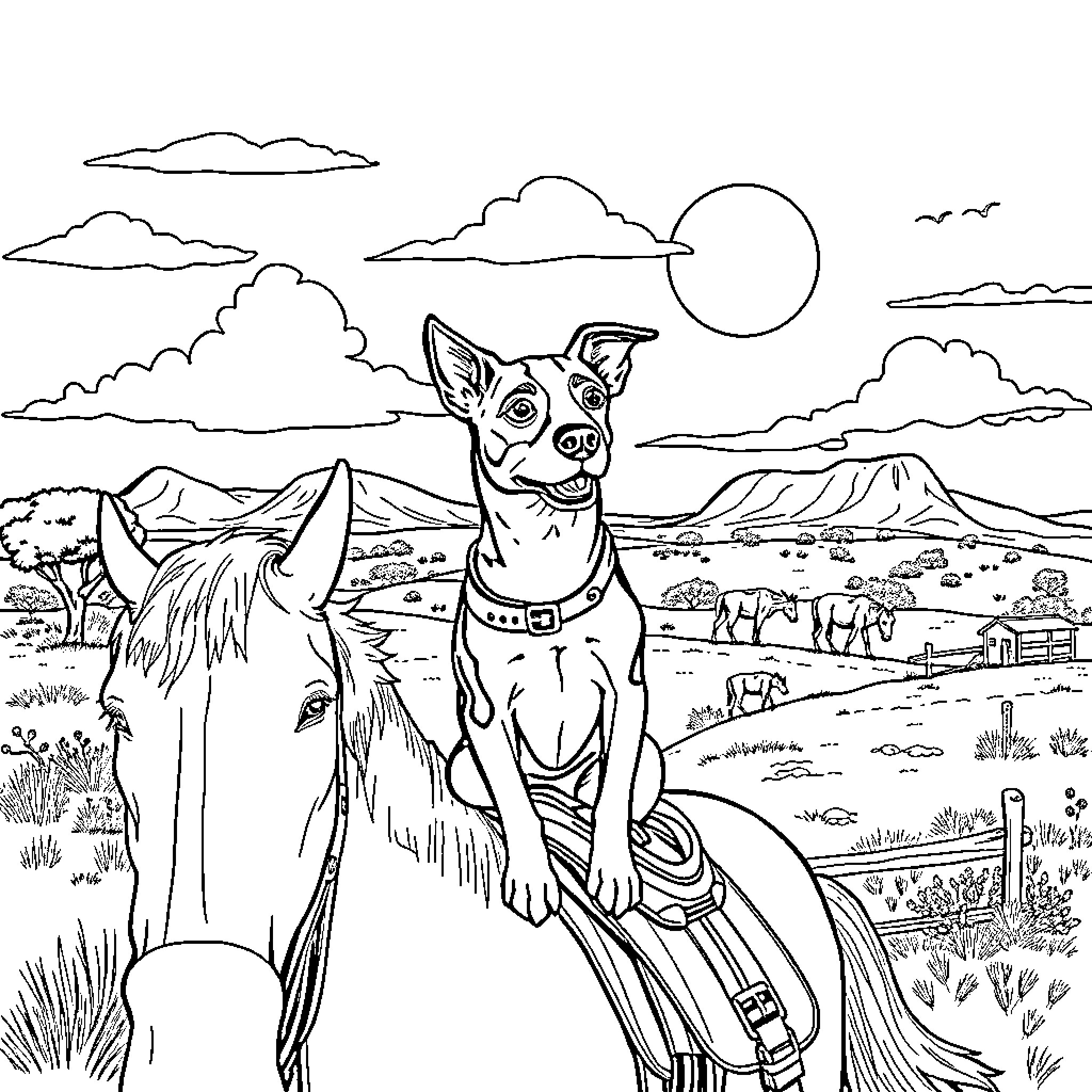 Jack Russell hiking through scenic mountain landscape Coloring Page (free black-and-white line drawing printable PDF for all, from beginners to advanced learners, including children, teens, adults, and seniors)