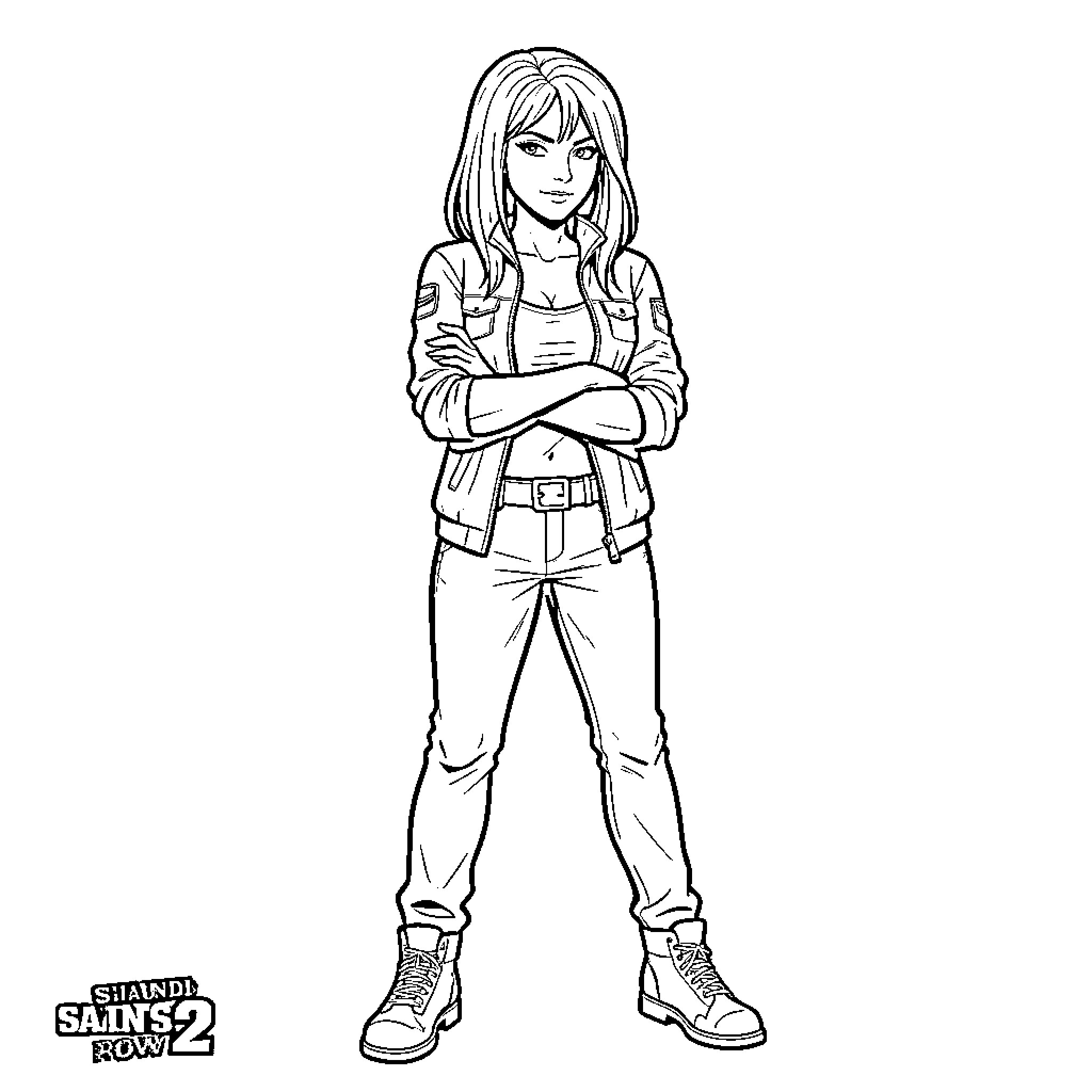 Shaundi standing confidently with arms crossed Coloring Page (free black-and-white line drawing printable PDF for all, from beginners to advanced learners, including children, teens, adults, and seniors)
