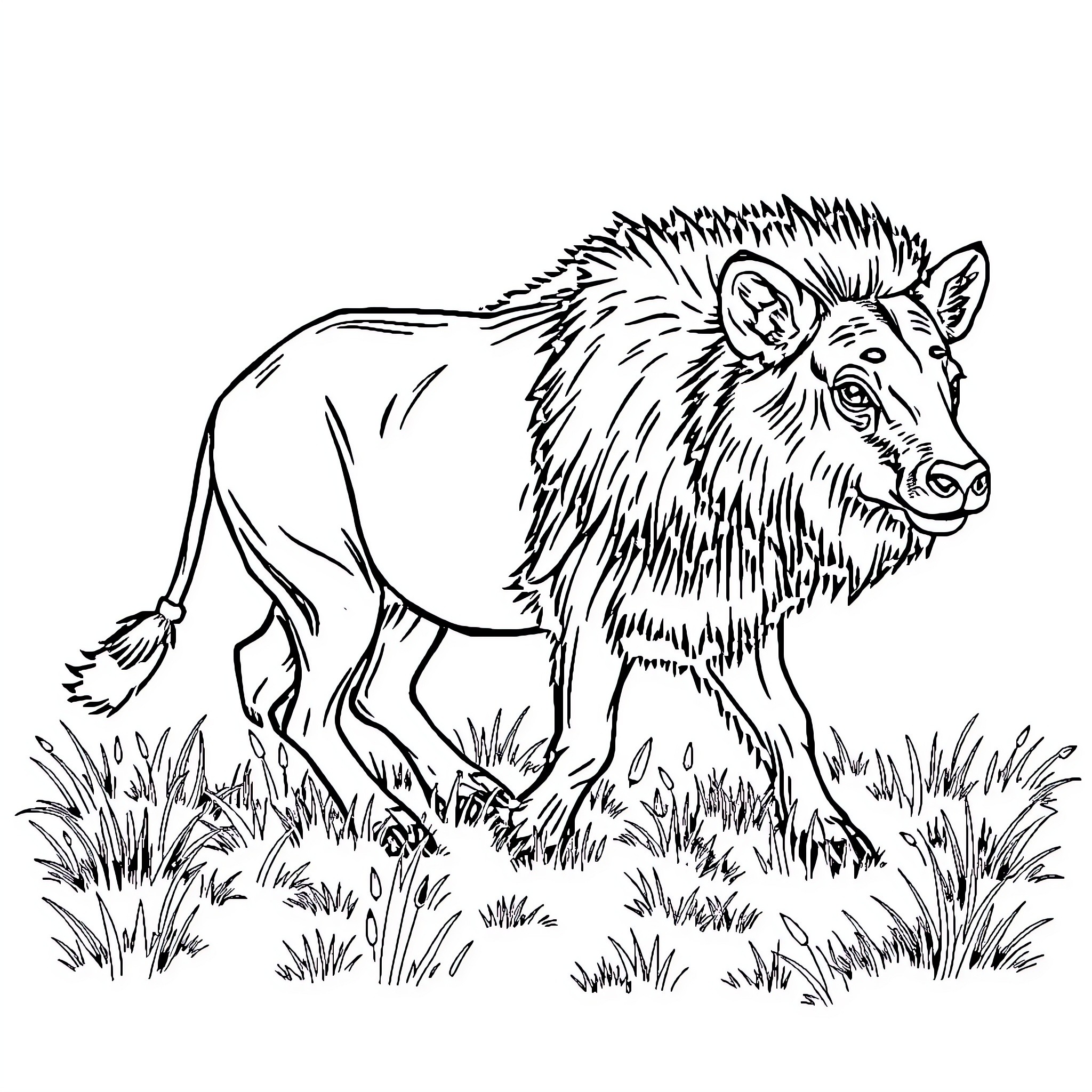 Animal wandering through grassy field Coloring Page (free black-and-white line drawing printable PDF for all, from beginners to advanced learners, including children, teens, adults, and seniors)