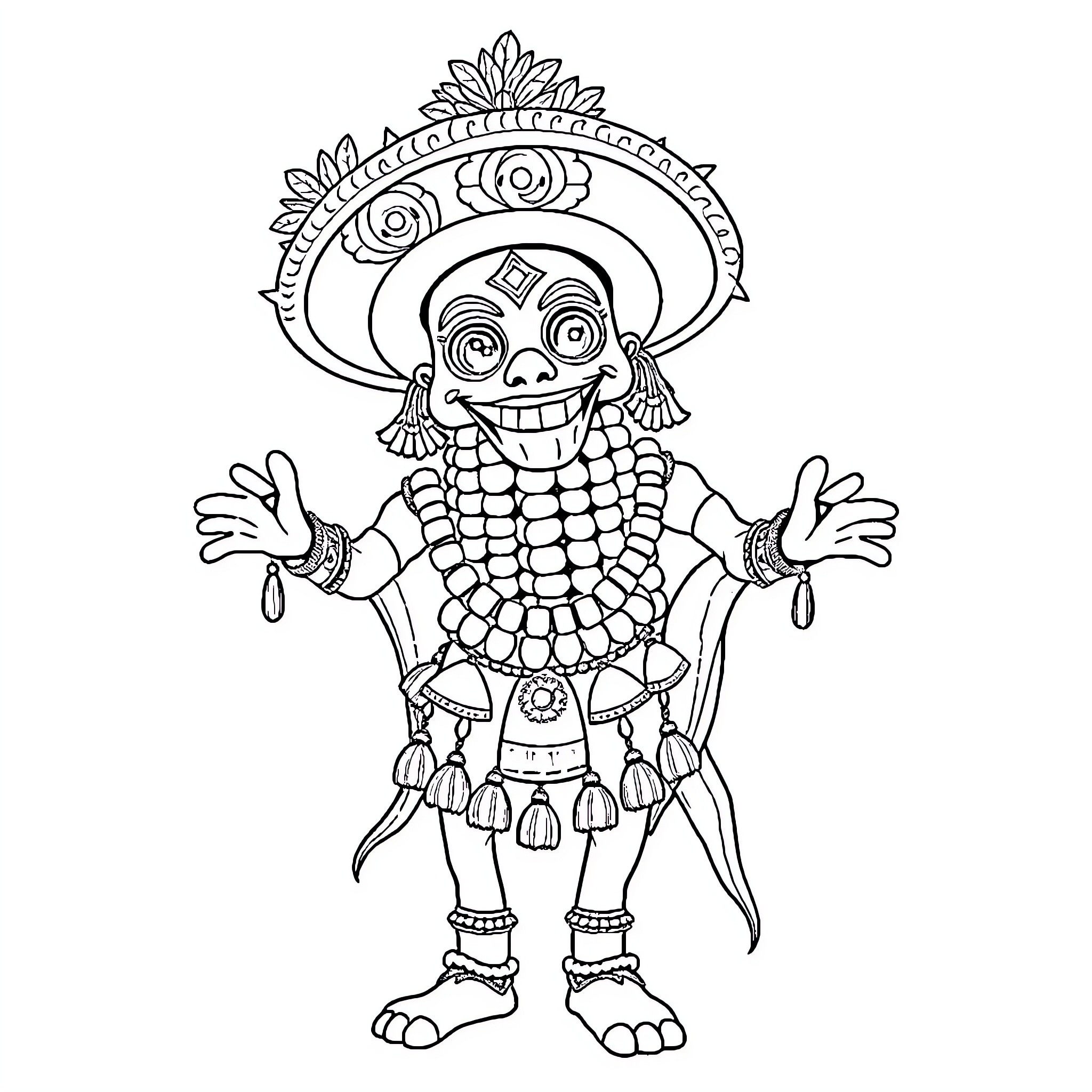 Corn God in Celebratory Pose with Ornate Headdress Coloring Page (free black-and-white line drawing printable PDF for all, from beginners to advanced learners, including children, teens, adults, and seniors)