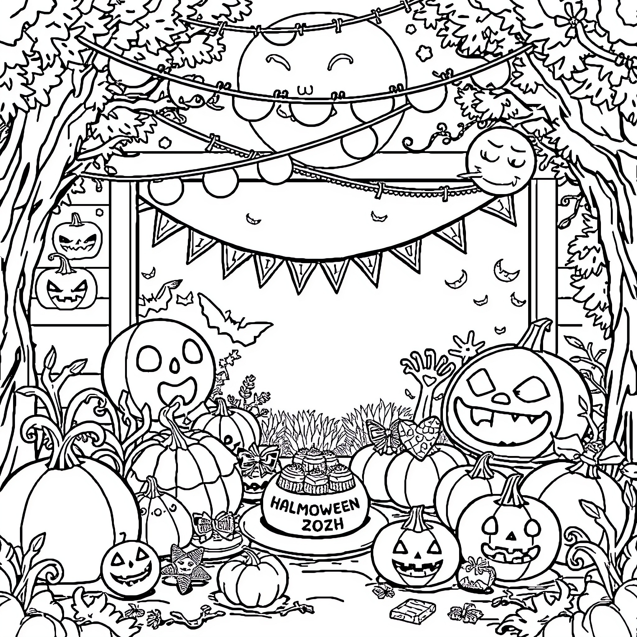 Summerween Spooky Forest Celebration Coloring Page (free black-and-white line drawing printable PDF for all, from beginners to advanced learners, including children, teens, adults, and seniors)