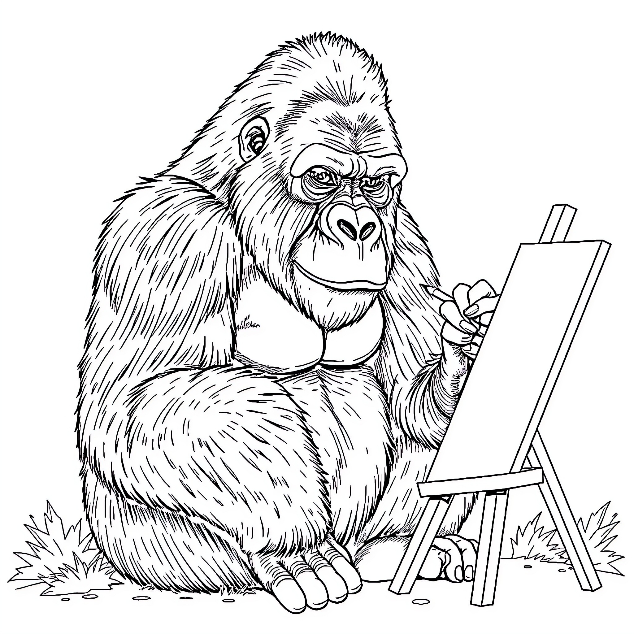 Gorilla painting on easel in nature Coloring Page (free black-and-white line drawing printable PDF for all, from beginners to advanced learners, including children, teens, adults, and seniors)