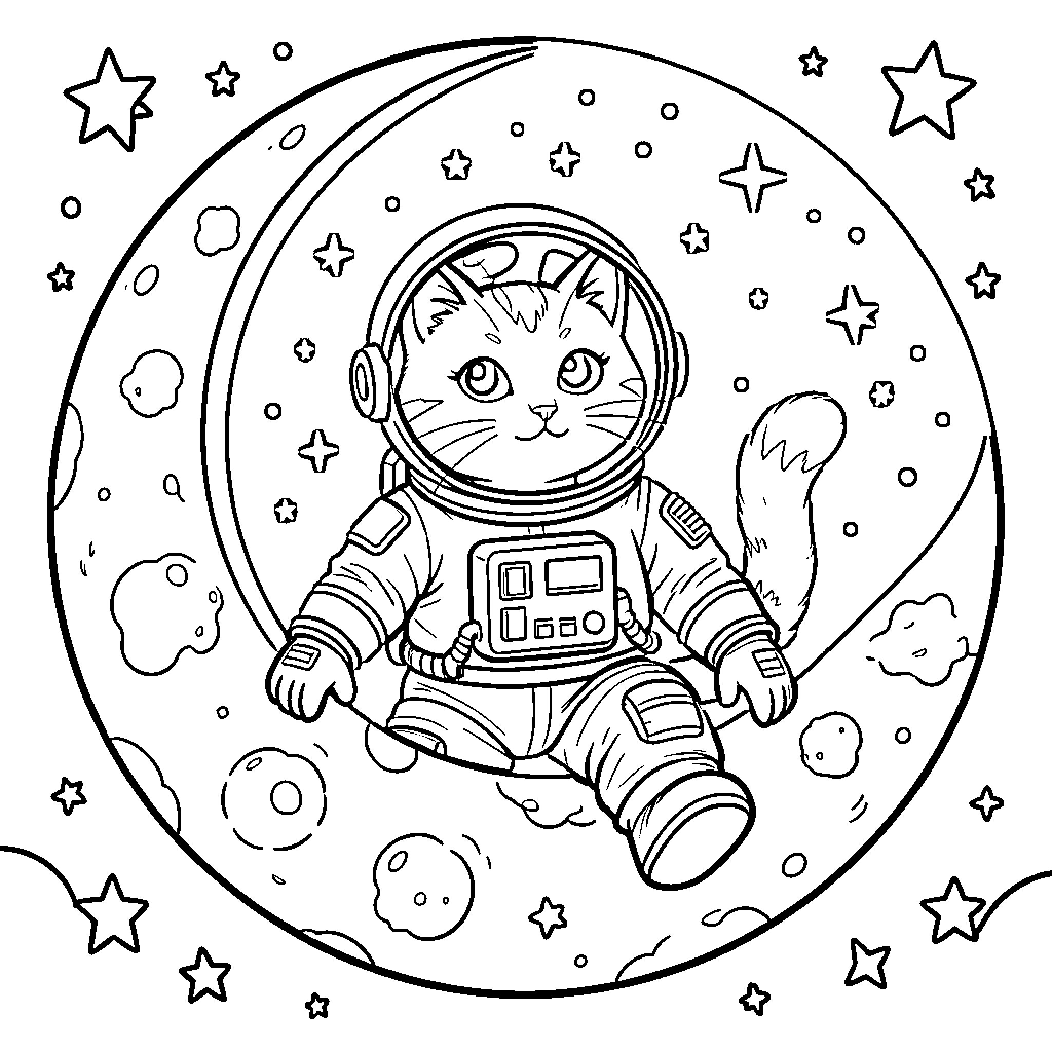 Cat astronaut exploring the cosmic space Coloring Page (free black-and-white line drawing printable PDF for all, from beginners to advanced learners, including children, teens, adults, and seniors)