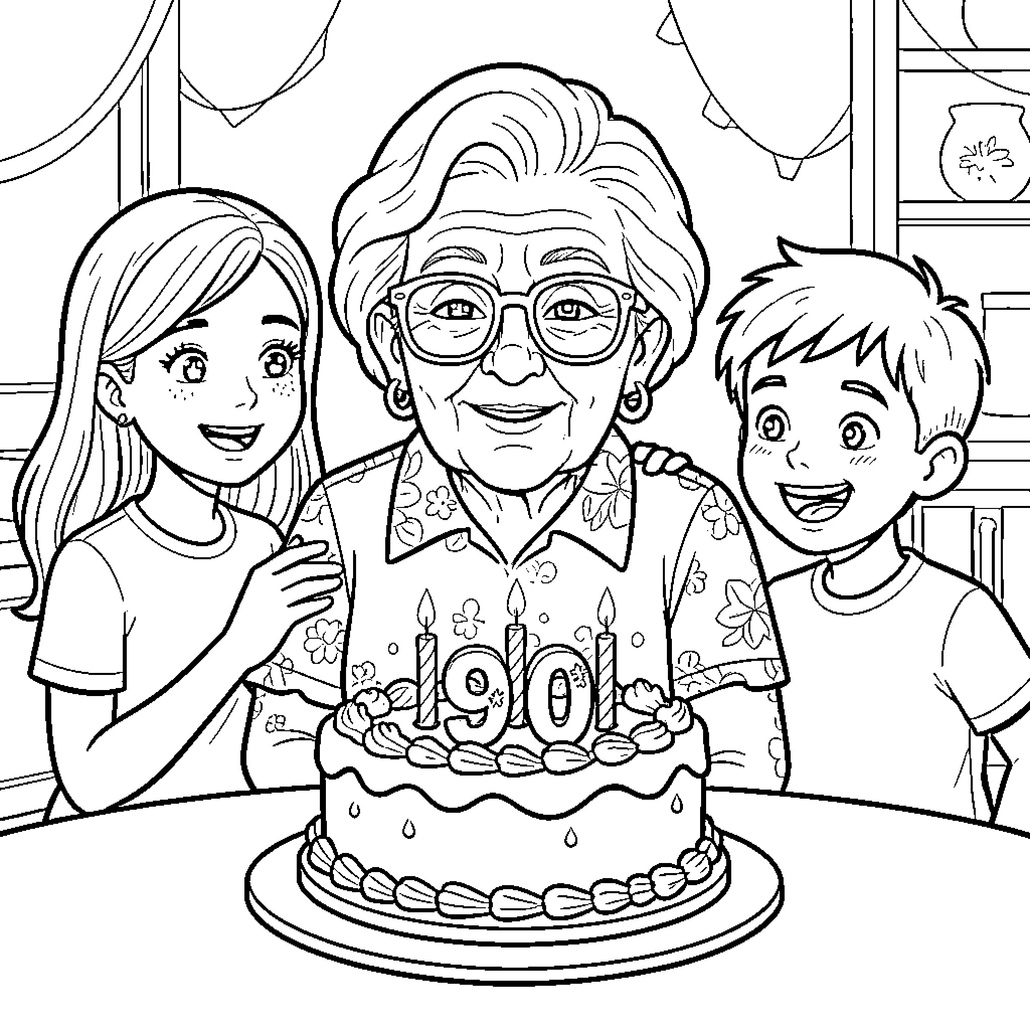 Avó celebrating birthday with family Coloring Page (free black-and-white line drawing printable PDF for all, from beginners to advanced learners, including children, teens, adults, and seniors)