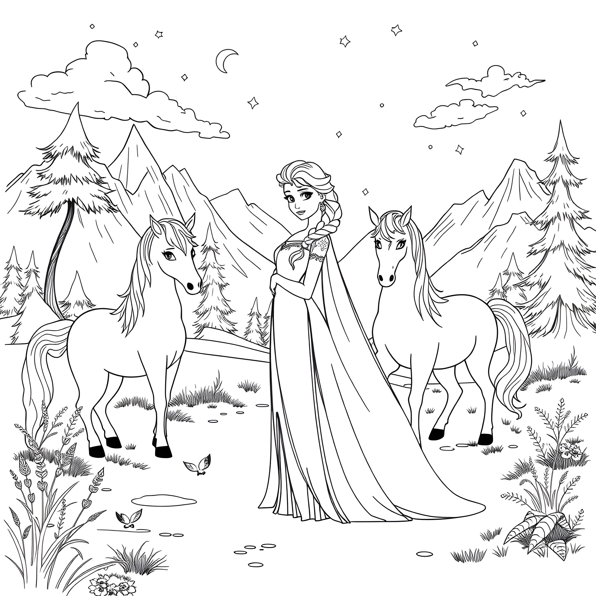 Elsa with horses in the winter wonderland Coloring Page (free black-and-white line drawing printable PDF for all, from beginners to advanced learners, including children, teens, adults, and seniors)