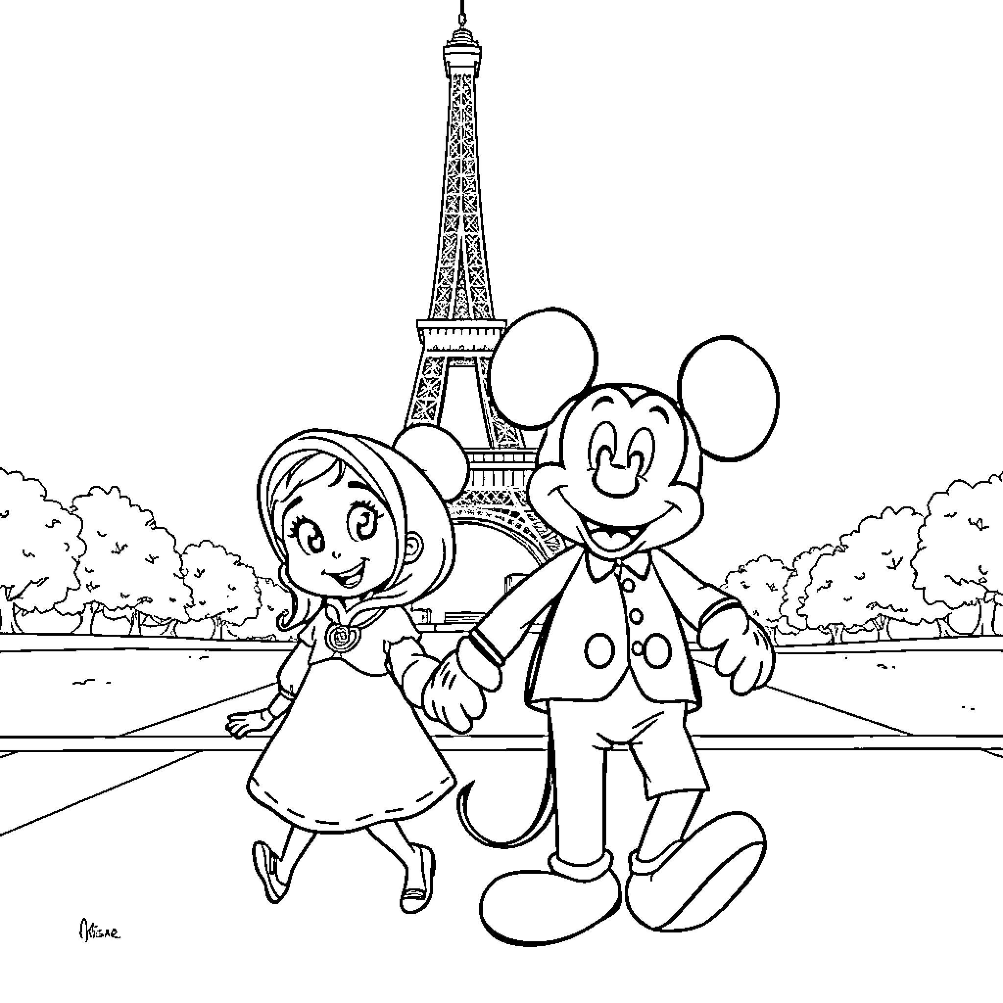 Masha and Mickey in Paris Sightseeing Coloring Page (free black-and-white line drawing printable PDF for all, from beginners to advanced learners, including children, teens, adults, and seniors)