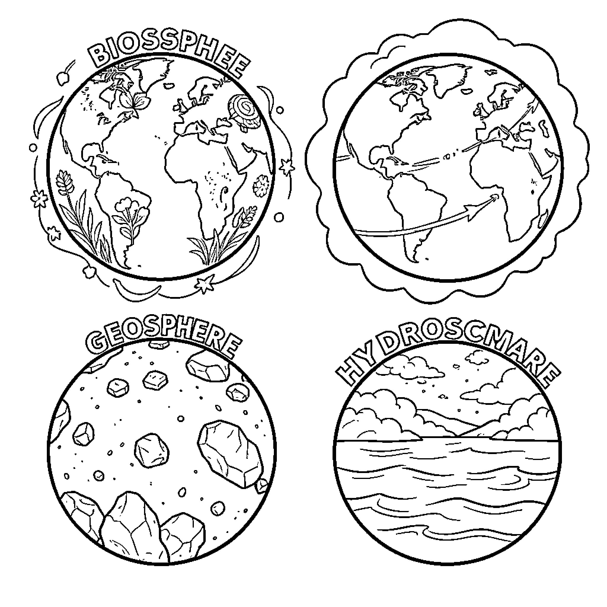 Sphere illustrating different layers of the Earth's systems Coloring Page (free black-and-white line drawing printable PDF for all, from beginners to advanced learners, including children, teens, adults, and seniors)