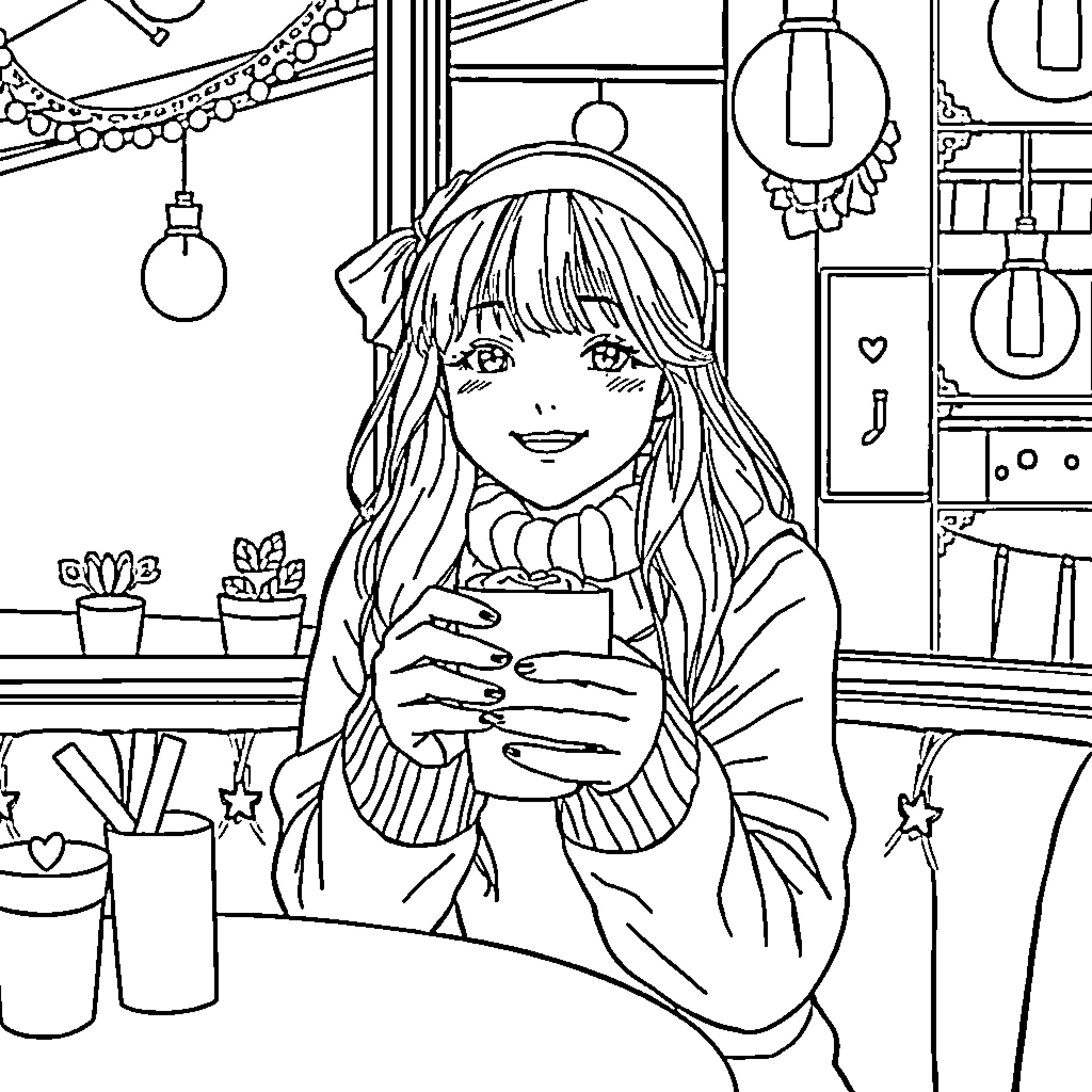 Rumi's Cozy Cafe Experience Coloring Page (free black-and-white line drawing printable PDF for all, from beginners to advanced learners, including children, teens, adults, and seniors)