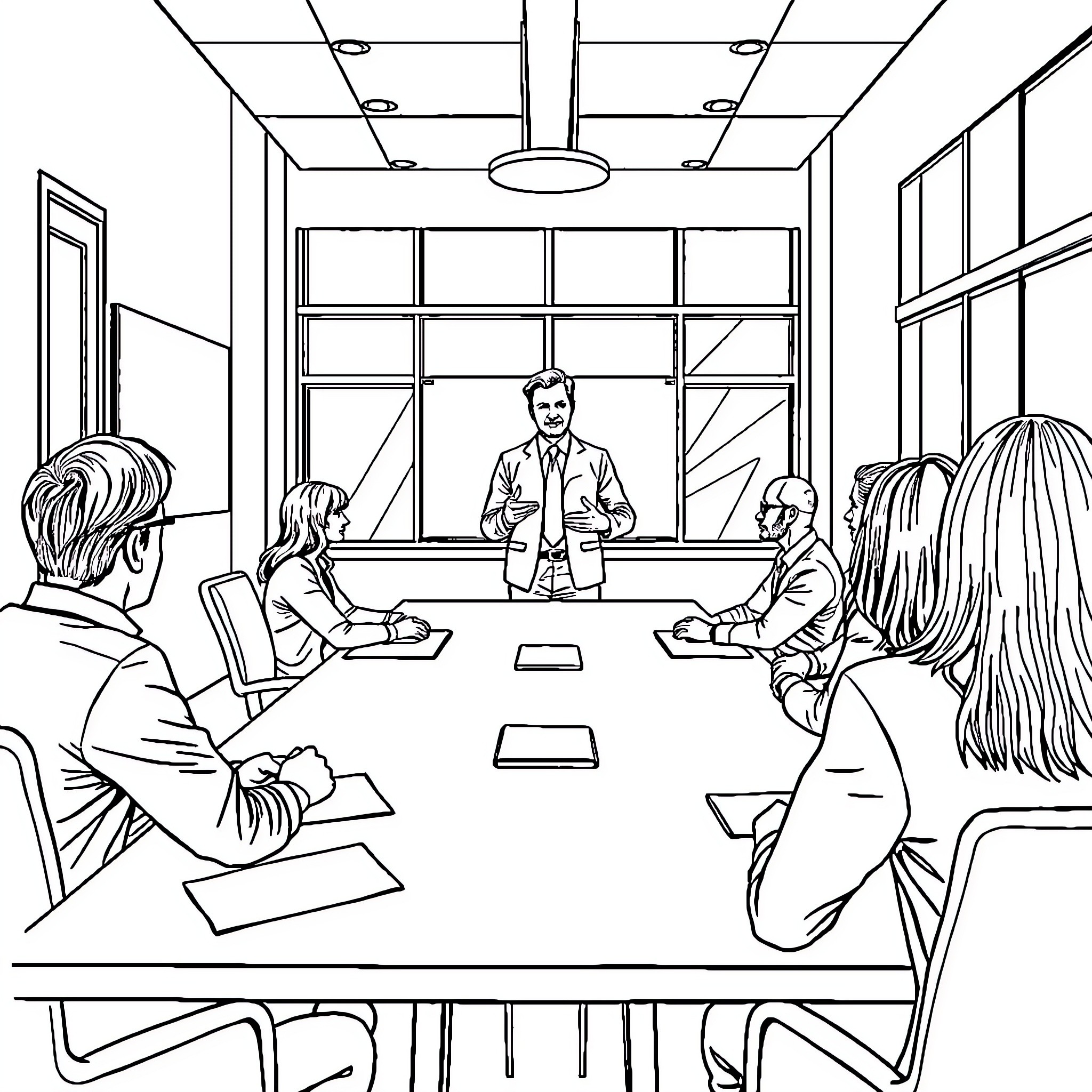 Rob Hinckle Leading Business Meeting in Office Coloring Page (free black-and-white line drawing printable PDF for all, from beginners to advanced learners, including children, teens, adults, and seniors)