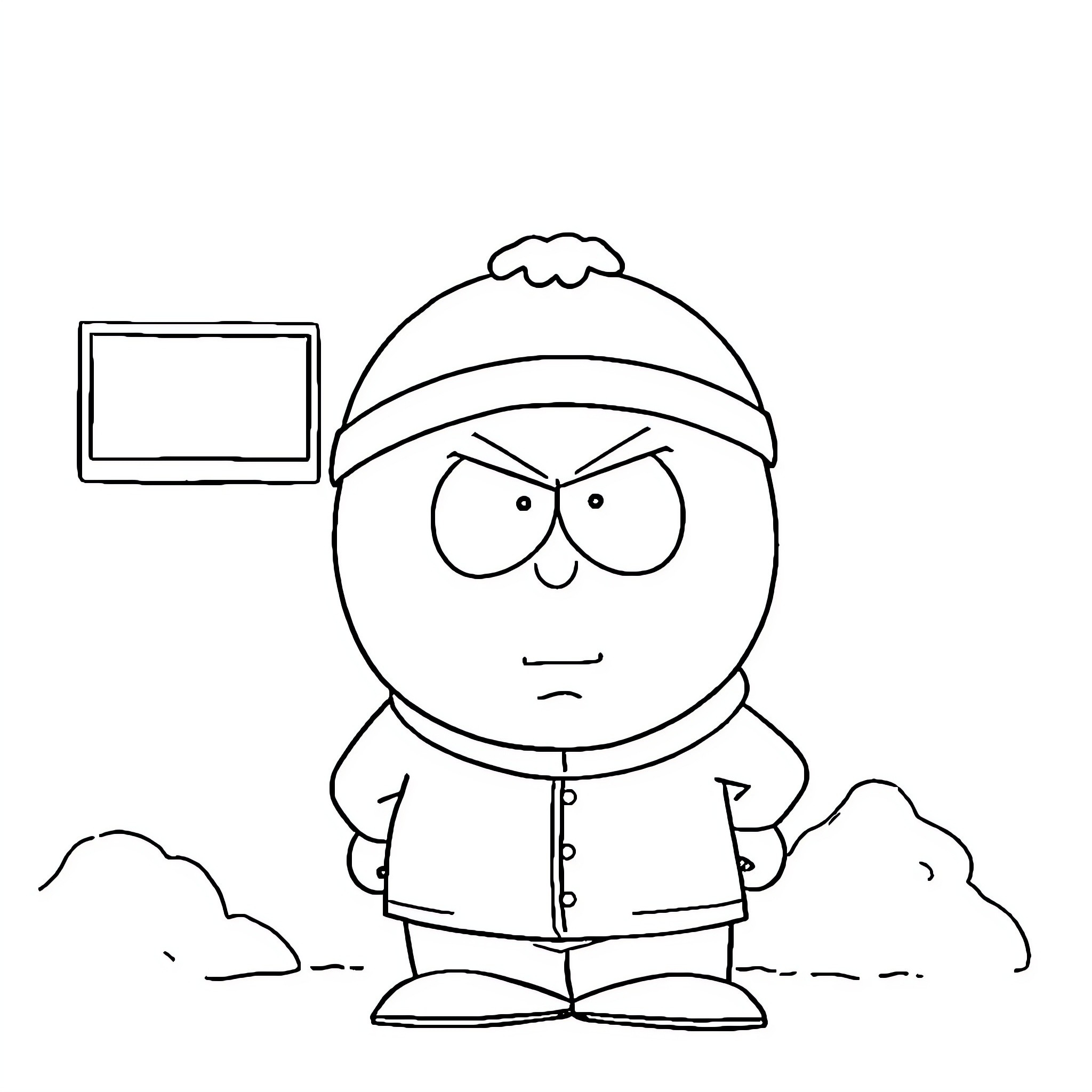 Cartman holding a device in a winter outfit Coloring Page (free black-and-white line drawing printable PDF for all, from beginners to advanced learners, including children, teens, adults, and seniors)