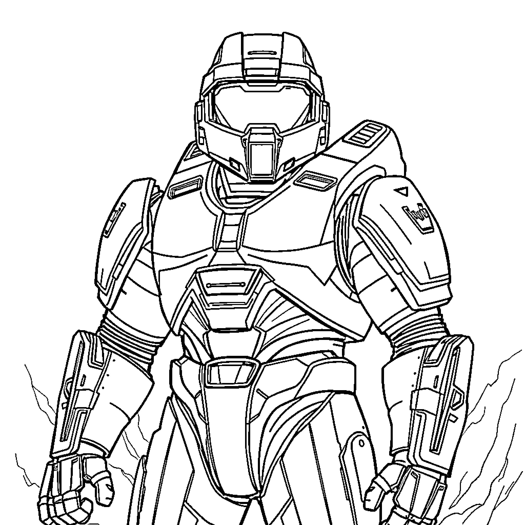 Master Chief in battle-ready stance Coloring Page (free black-and-white line drawing printable PDF for all, from beginners to advanced learners, including children, teens, adults, and seniors)