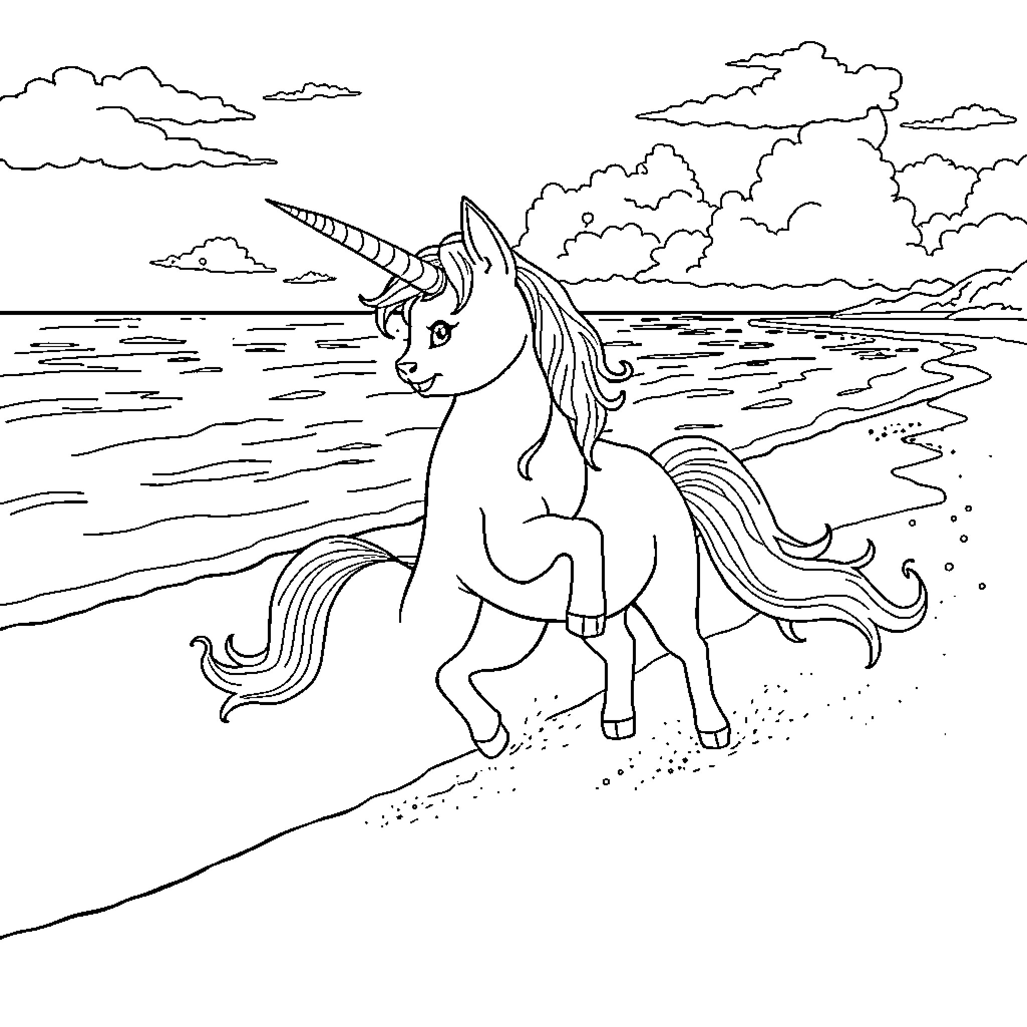 Unicorn Cat enjoying the beach Coloring Page (free black-and-white line drawing printable PDF for all, from beginners to advanced learners, including children, teens, adults, and seniors)