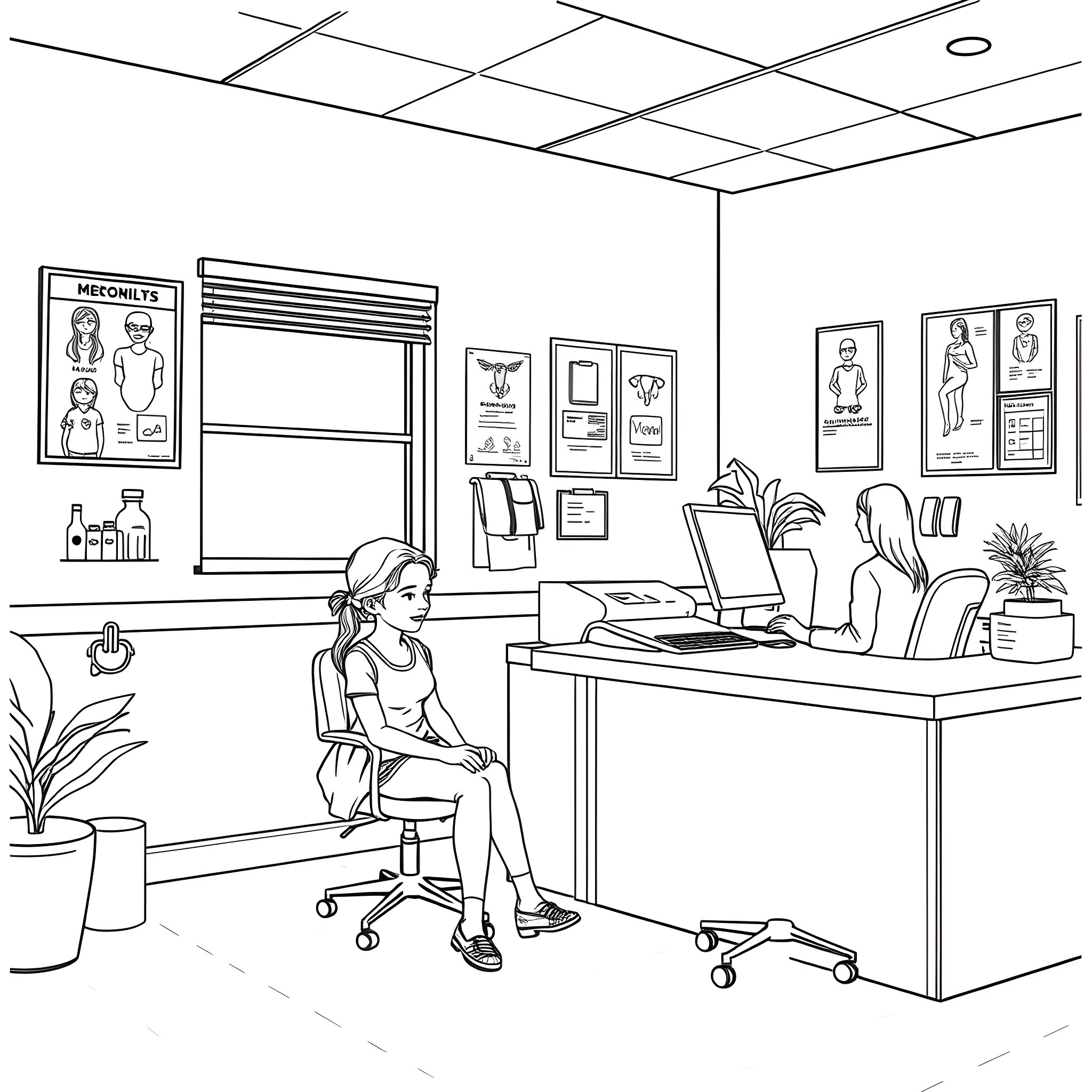 Teen Girl in Medical Office Coloring Page (free black-and-white line drawing printable PDF for all, from beginners to advanced learners, including children, teens, adults, and seniors)