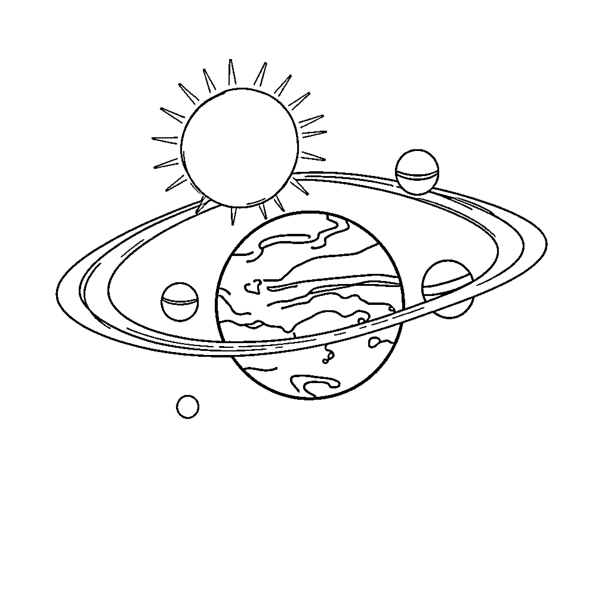 Solar System with Planets and Sun Coloring Page (free black-and-white line drawing printable PDF for all, from beginners to advanced learners, including children, teens, adults, and seniors)