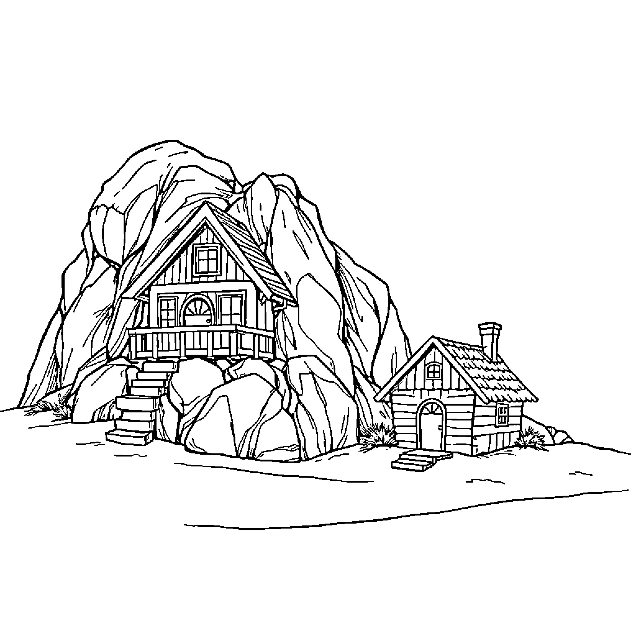 House nestled amongst the rugged mountain landscape Coloring Page (free black-and-white line drawing printable PDF for all, from beginners to advanced learners, including children, teens, adults, and seniors)