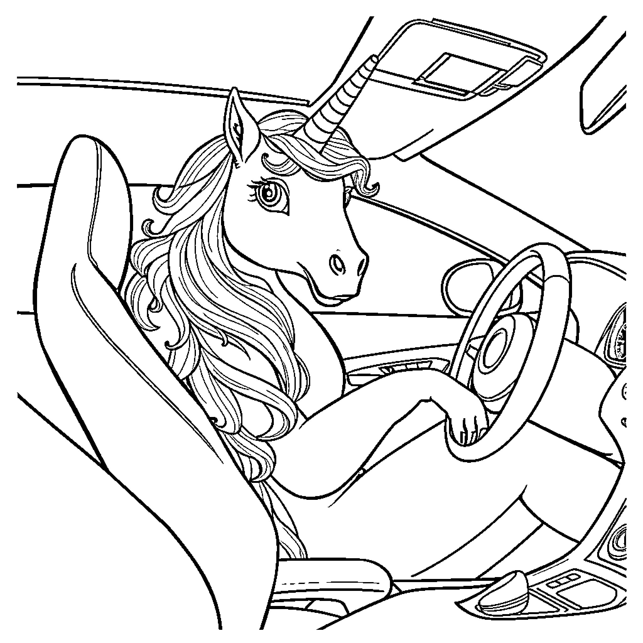 Unicorn Driving a Car with Unique Style Coloring Page (free black-and-white line drawing printable PDF for all, from beginners to advanced learners, including children, teens, adults, and seniors)