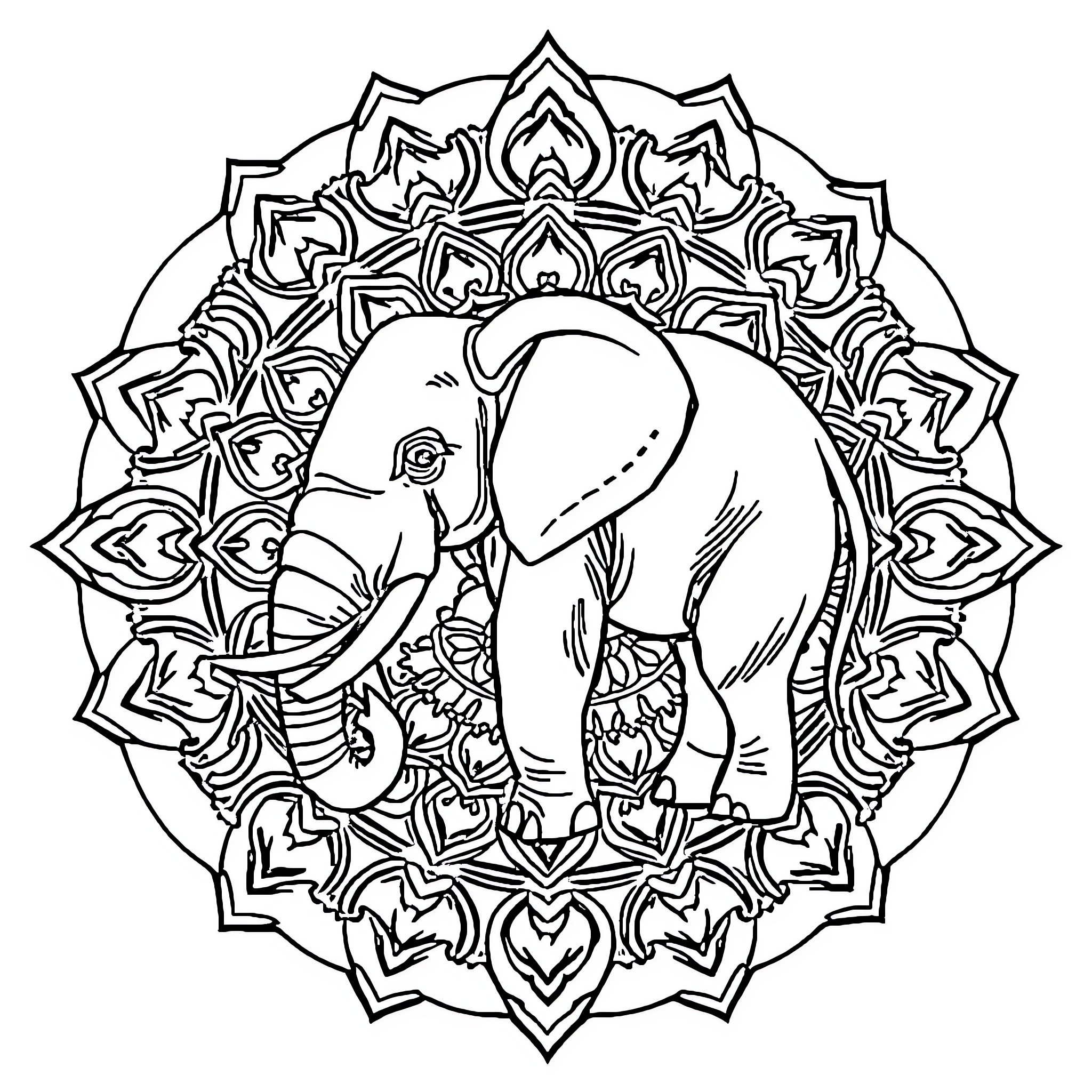 Elephant in ornate mandala pattern Coloring Page (free black-and-white line drawing printable PDF for all, from beginners to advanced learners, including children, teens, adults, and seniors)