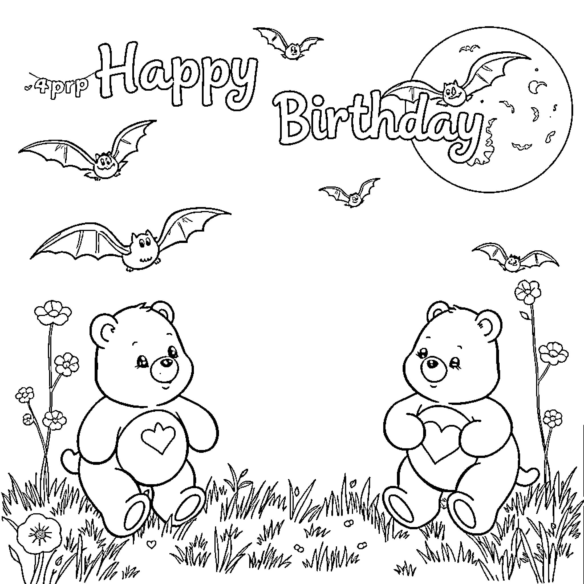 Bat-themed Happy Birthday scene with bears Coloring Page (free black-and-white line drawing printable PDF for all, from beginners to advanced learners, including children, teens, adults, and seniors)
