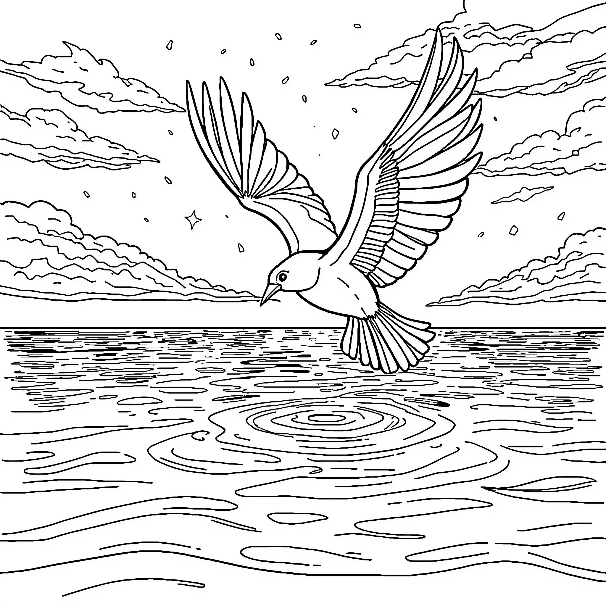 Hada bird soaring gracefully over serene waters Coloring Page (free black-and-white line drawing printable PDF for all, from beginners to advanced learners, including children, teens, adults, and seniors)