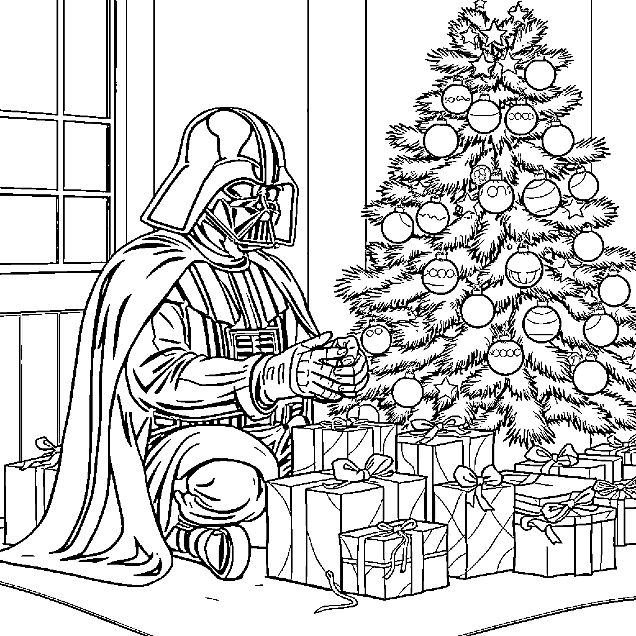 Darth Vader decorating Christmas tree with presents Coloring Page (free black-and-white line drawing printable PDF for all, from beginners to advanced learners, including children, teens, adults, and seniors)