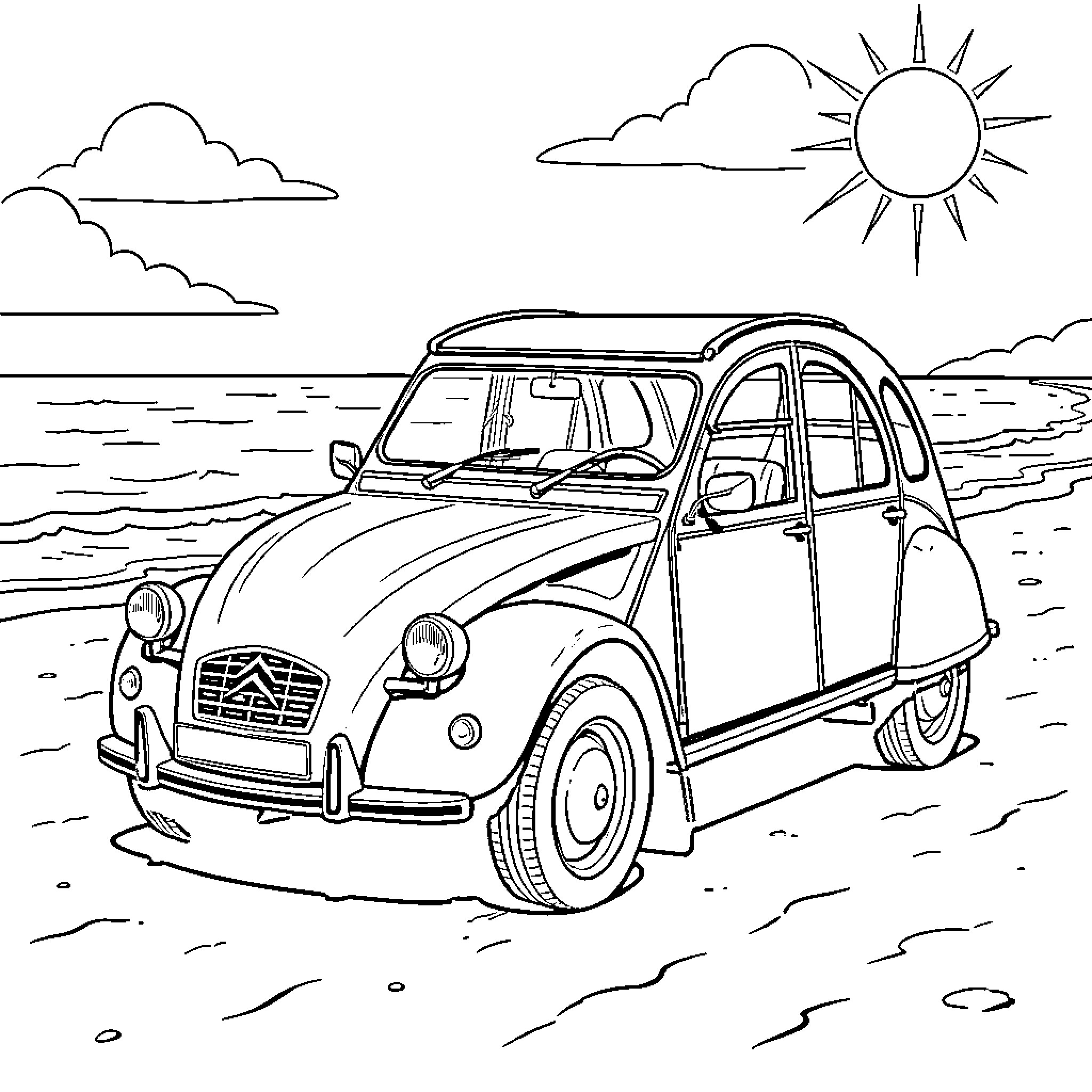 Citroen parked on a sunny beach by the ocean Coloring Page (free black-and-white line drawing printable PDF for all, from beginners to advanced learners, including children, teens, adults, and seniors)