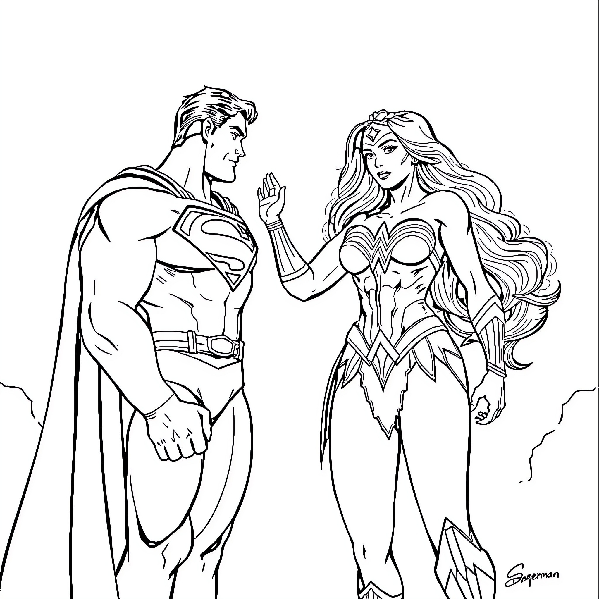 Superman and Wonder Woman in heroic poses Coloring Page (free black-and-white line drawing printable PDF for all, from beginners to advanced learners, including children, teens, adults, and seniors)
