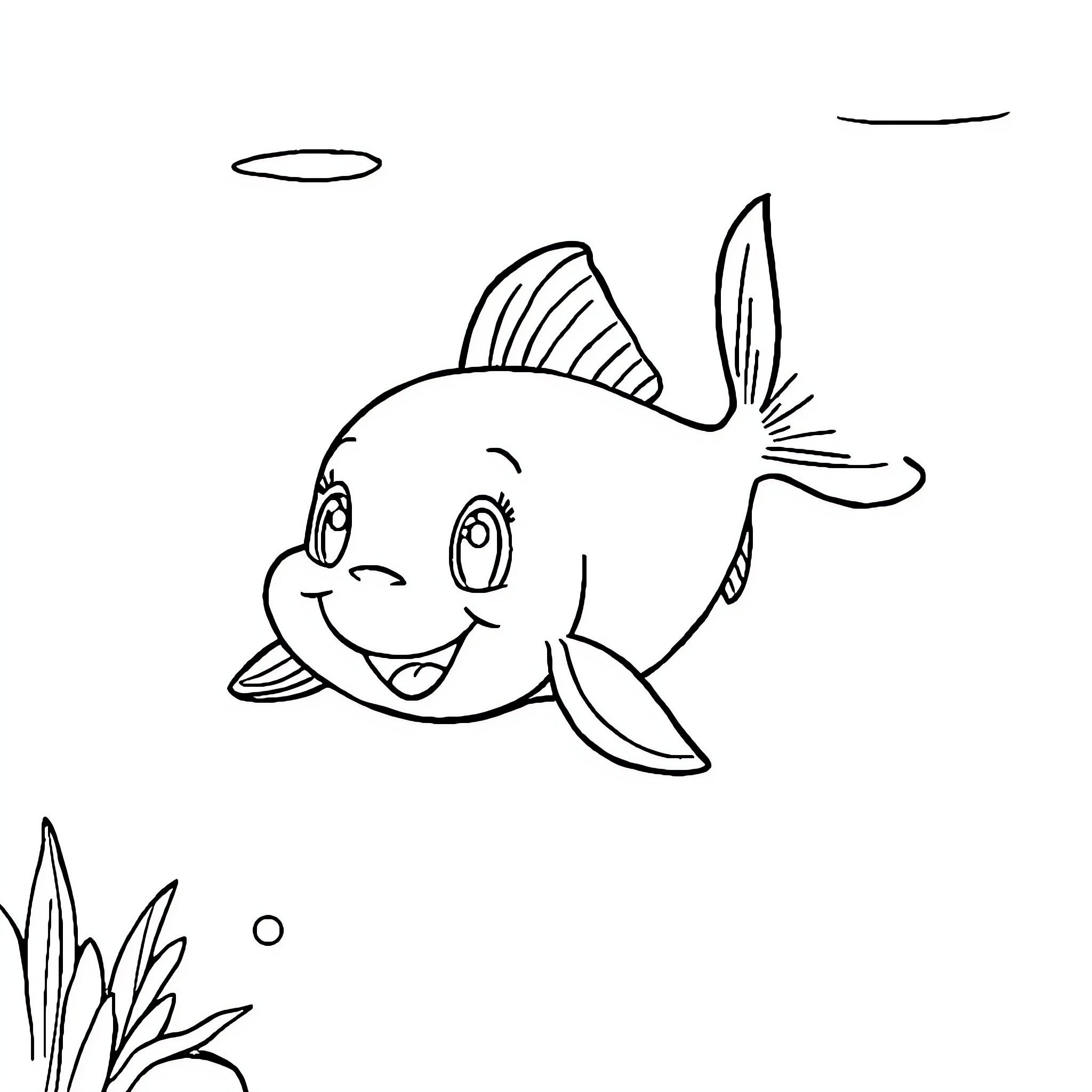 Bluey the Happy Fish Swimming in the Pond Coloring Page (free black-and-white line drawing printable PDF for all, from beginners to advanced learners, including children, teens, adults, and seniors)