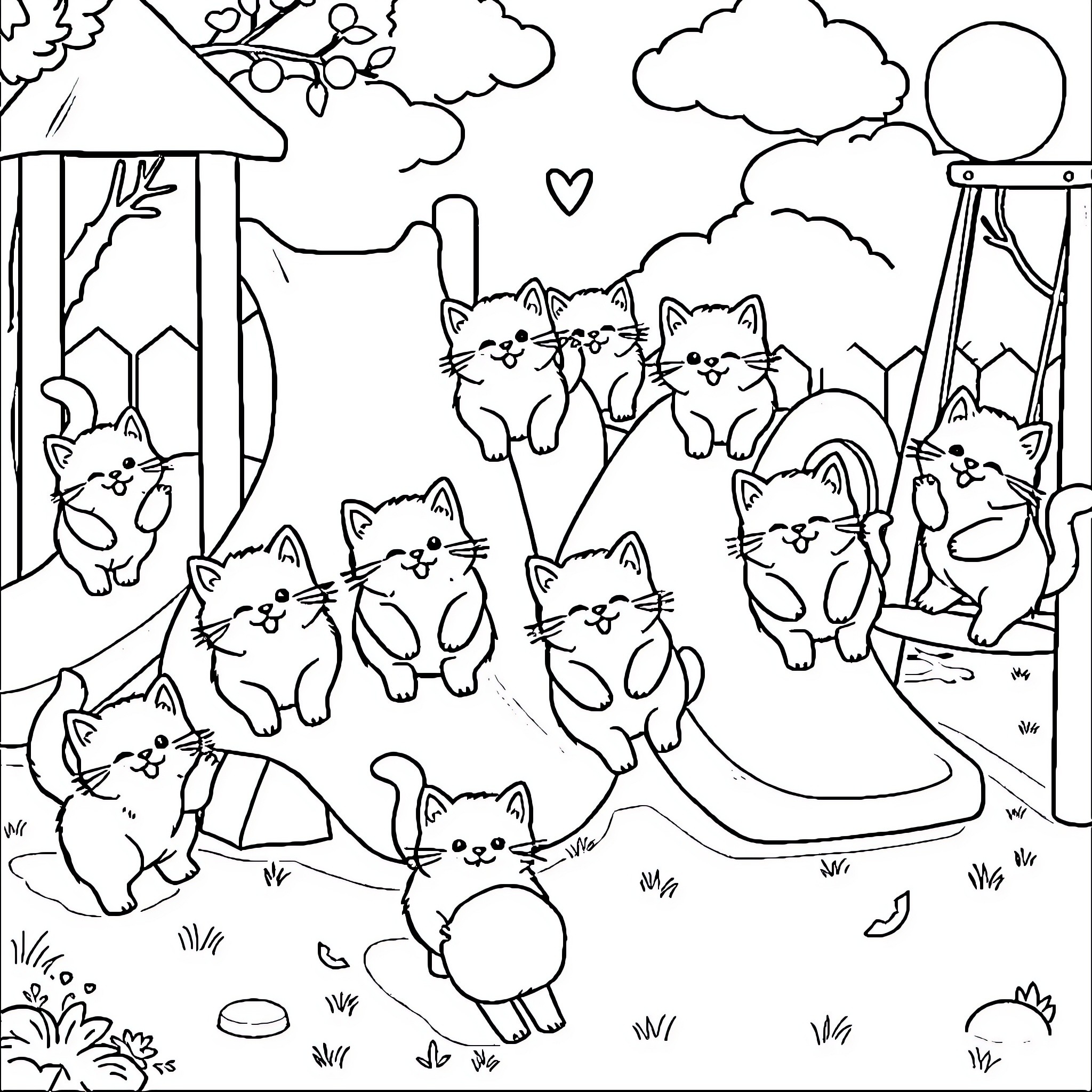 Cats playing and exploring in nature Coloring Page (free black-and-white line drawing printable PDF for all, from beginners to advanced learners, including children, teens, adults, and seniors)