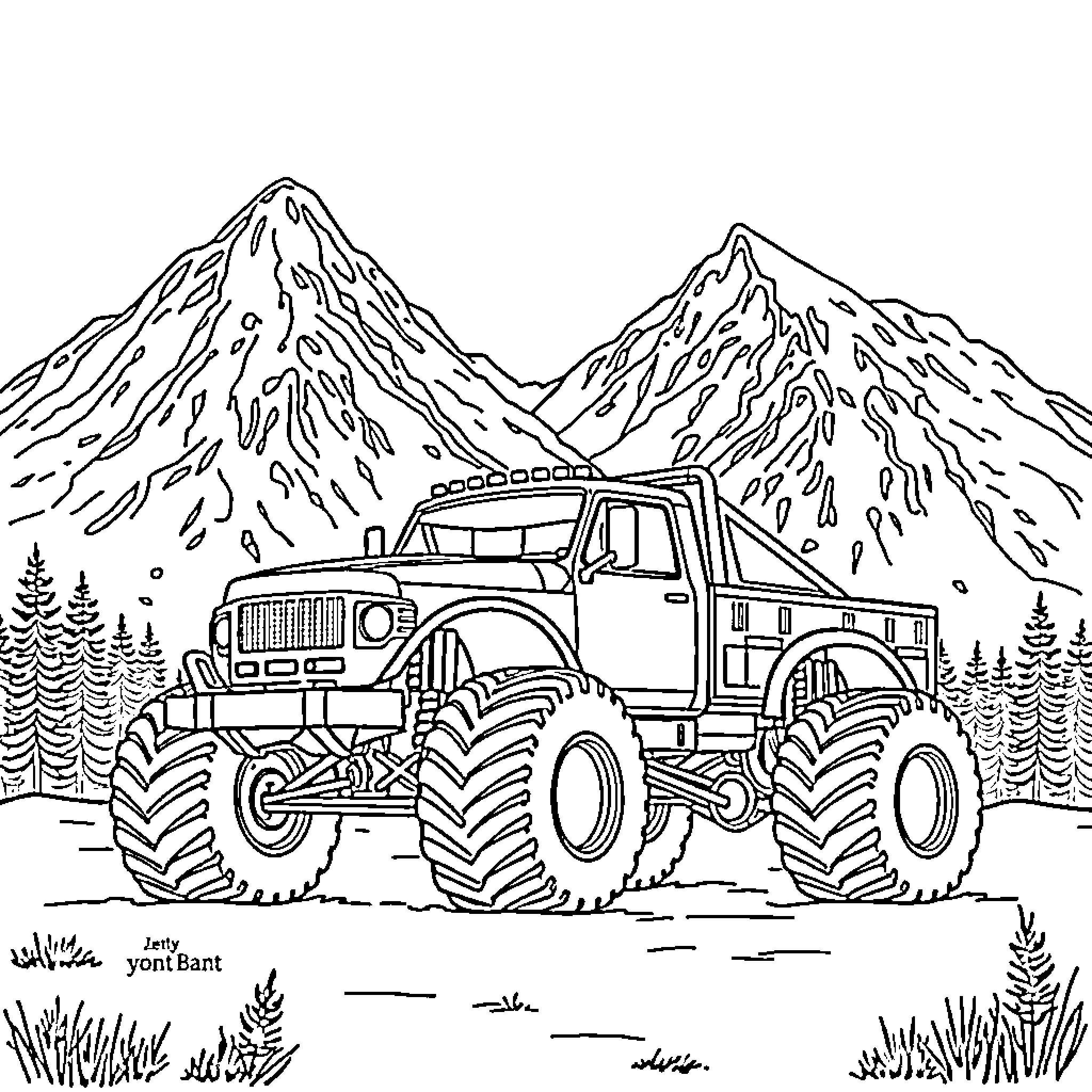 Monster Truck Conquering Rugged Mountains Coloring Page (free black-and-white line drawing printable PDF for all, from beginners to advanced learners, including children, teens, adults, and seniors)