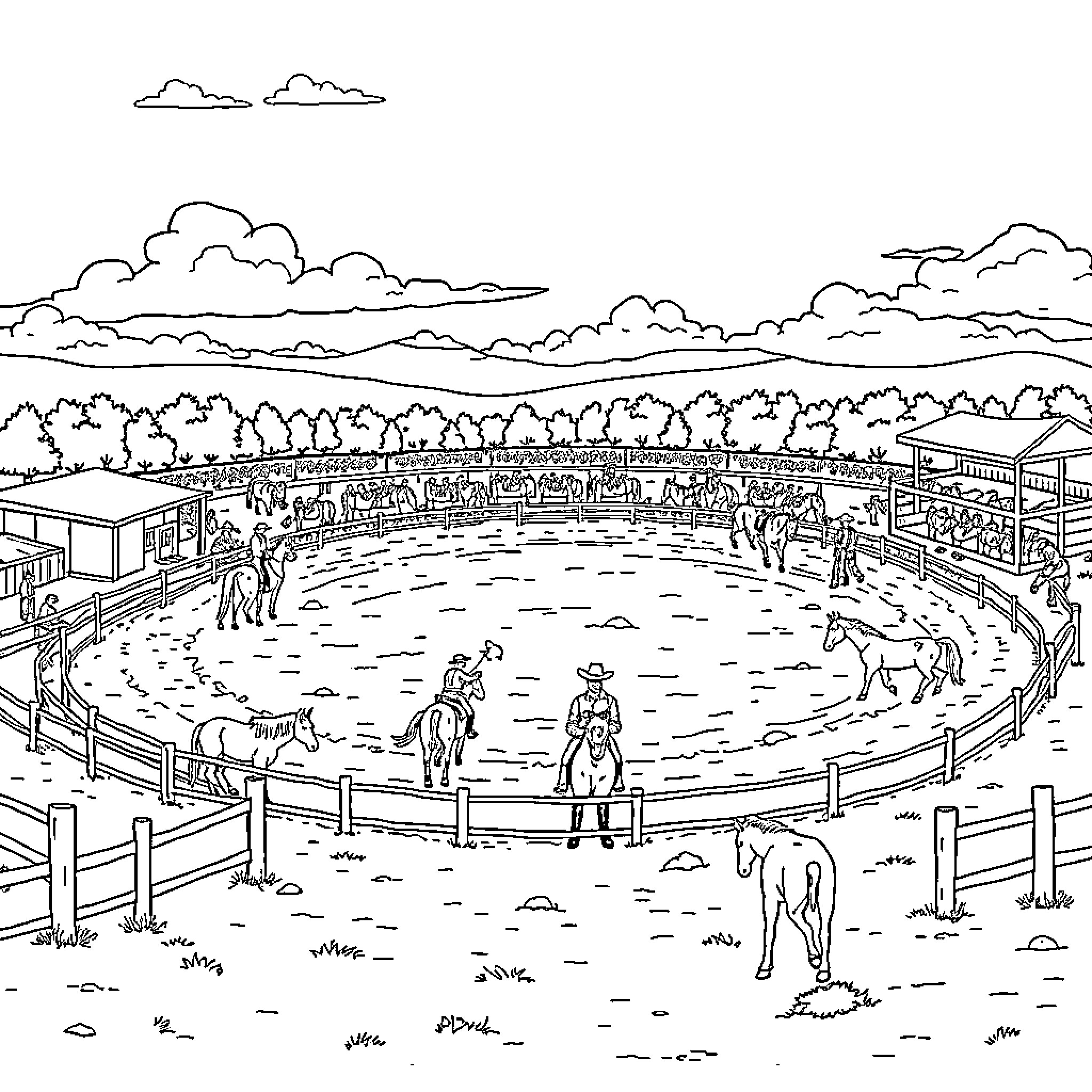 Farm Animals at a Lively Livestock Market Coloring Page (free black-and-white line drawing printable PDF for all, from beginners to advanced learners, including children, teens, adults, and seniors)