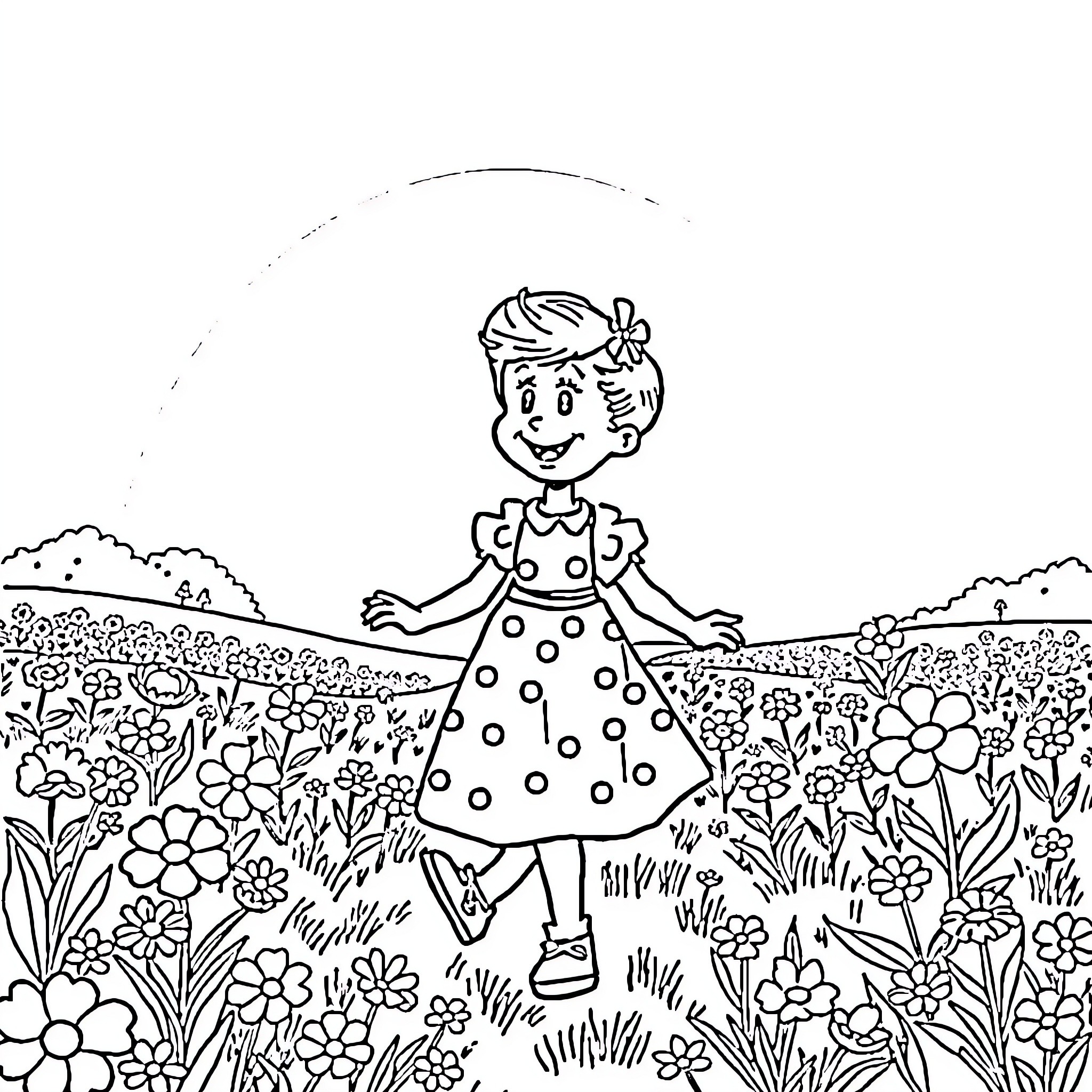 Amelia Bedelia exploring a colorful flower garden Coloring Page (free black-and-white line drawing printable PDF for all, from beginners to advanced learners, including children, teens, adults, and seniors)